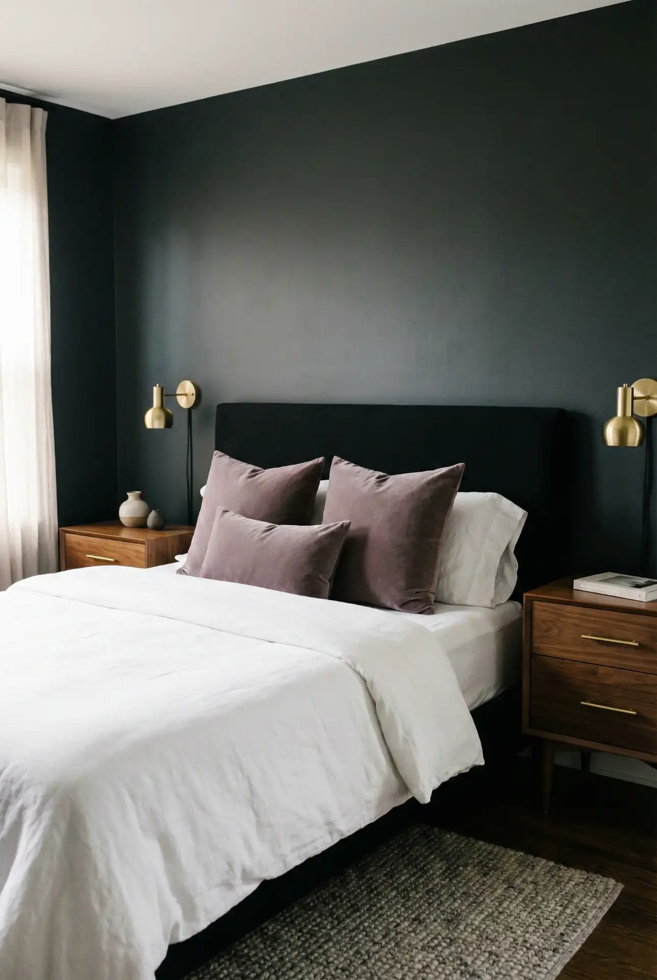 Dark And Classy Contrast With Black Headboard And Soft Mauve Accents 1
