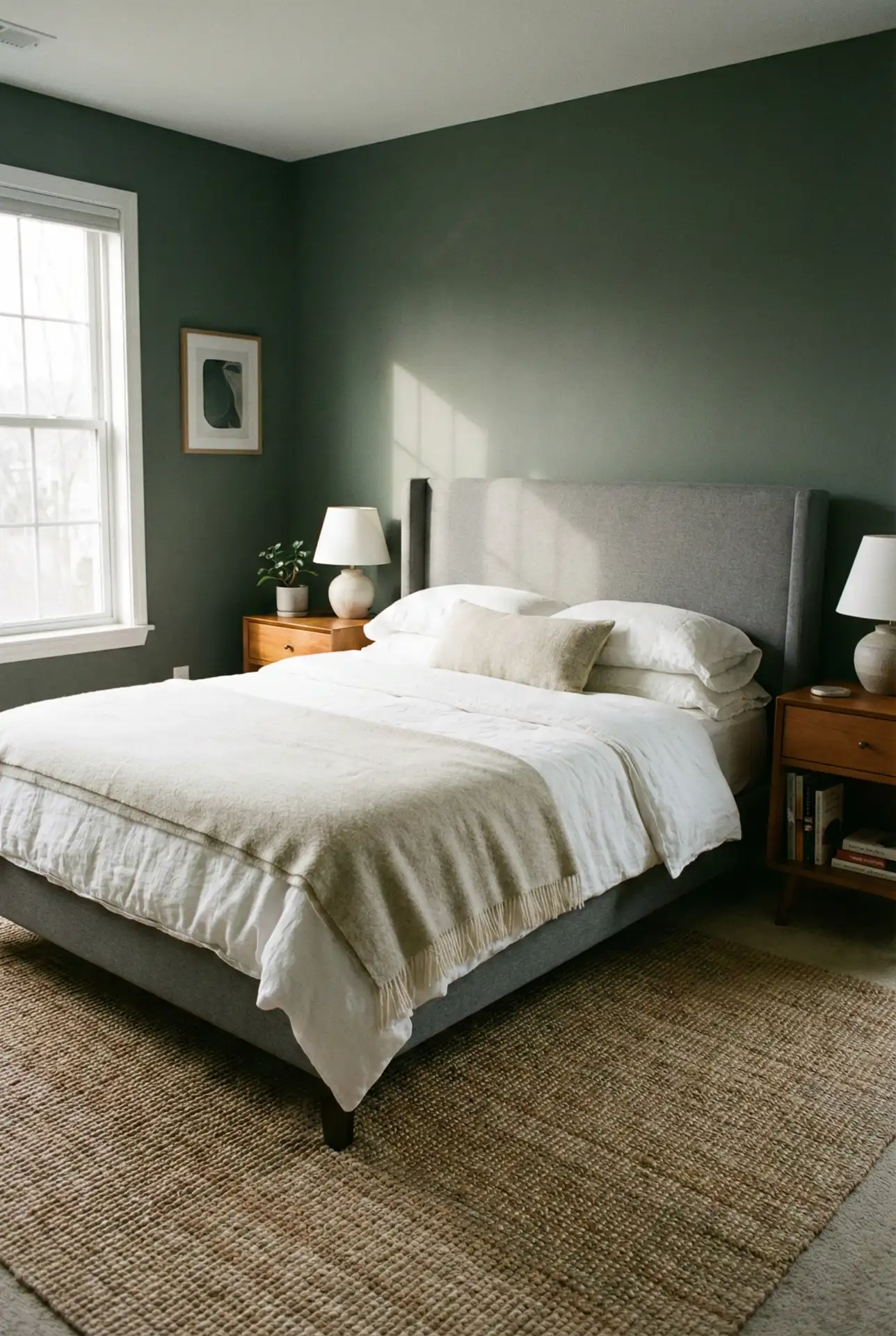 Dark Green Retreat With A Gray Headboard And Relaxing Texture 2