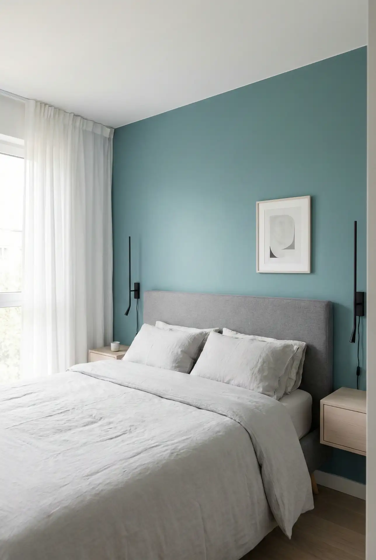 Teal And Grey Modern Calm With A Gray Headboard 1
