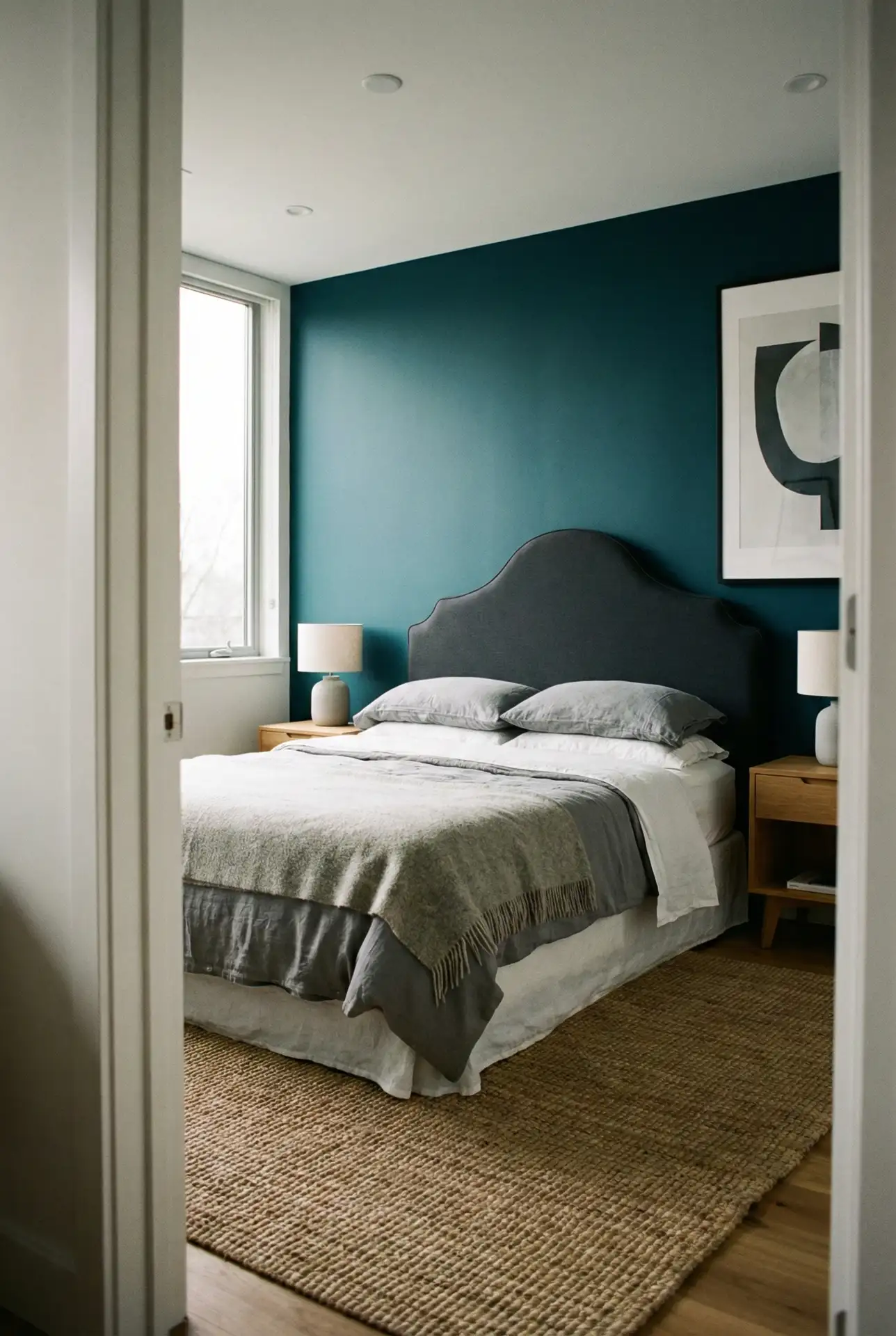 Teal And Grey Modern Calm With A Gray Headboard 2