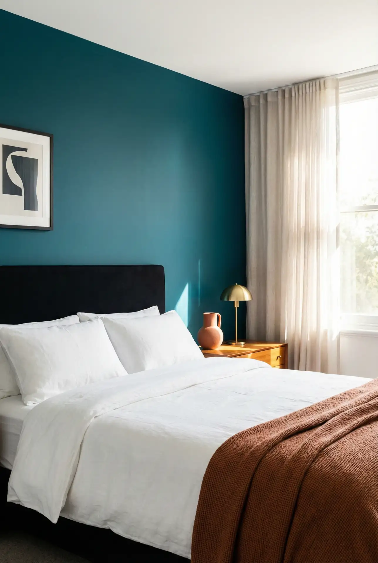 Teal Statement With Terracotta Touches And A Black Headboard 1