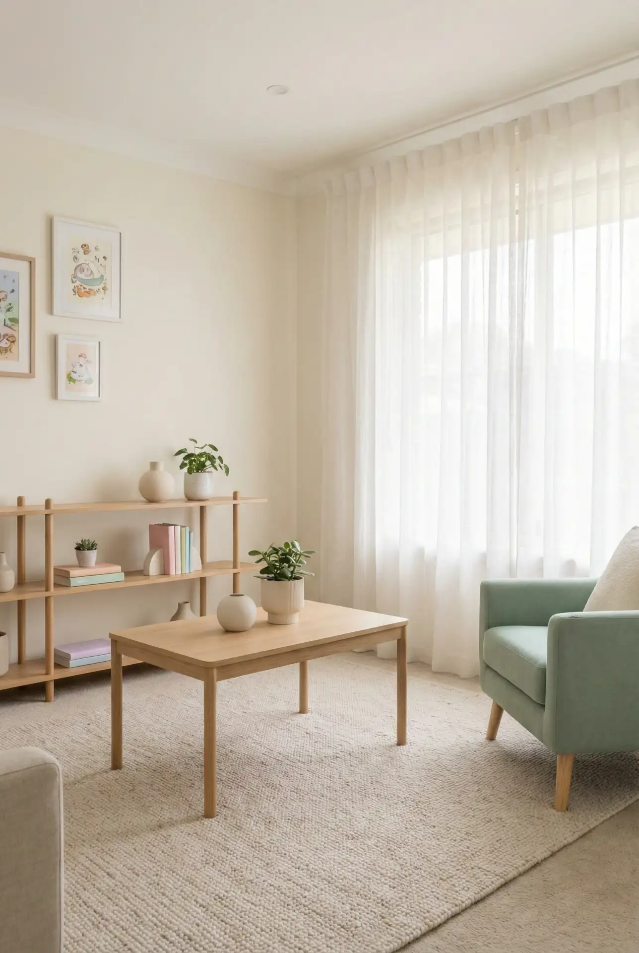 ACNH-Inspired Pastel Neutral Room With A Green Sofa Detail 1