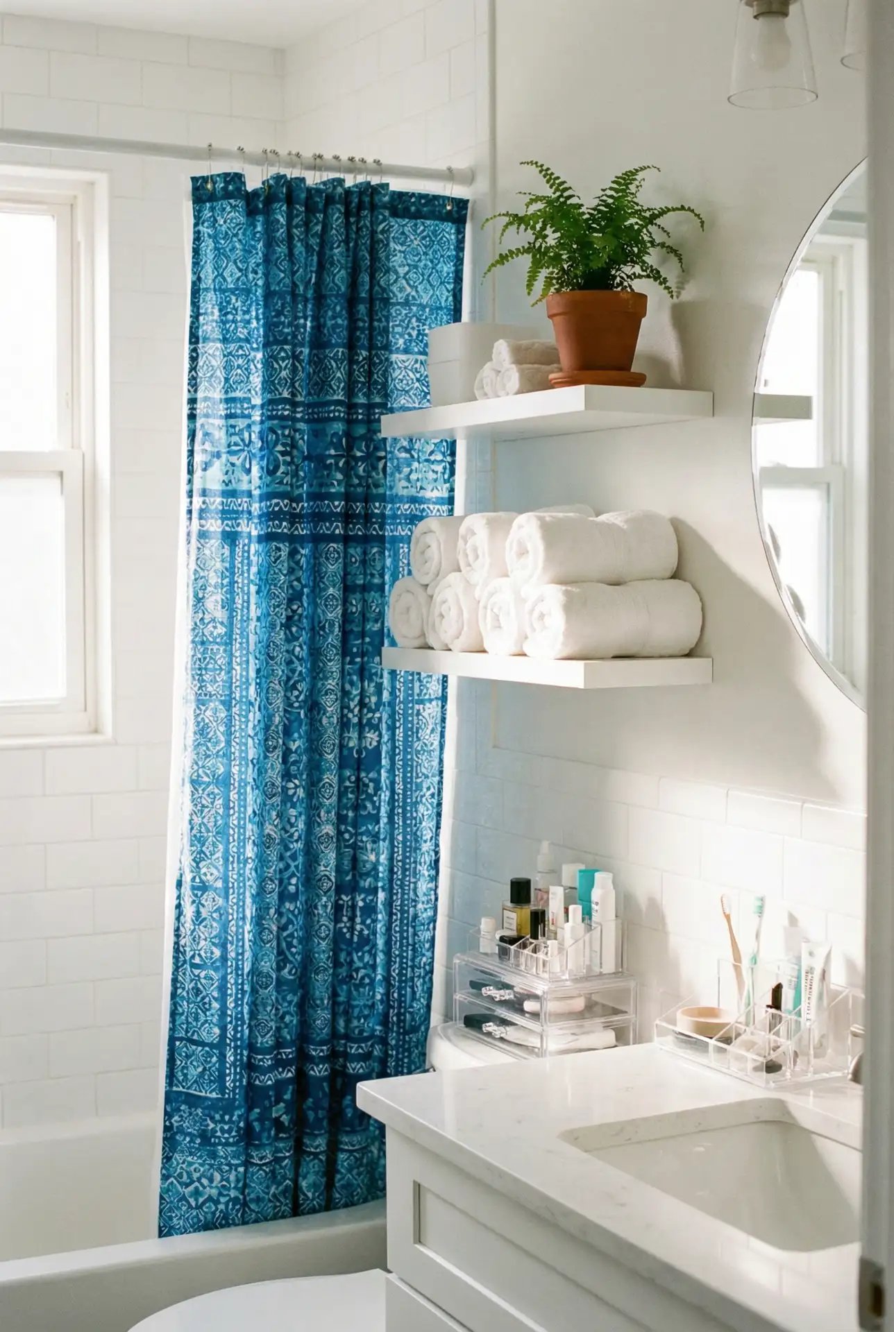 Aesthetic Blue Shower Curtain With Tiny Space-Saving Shelves 1