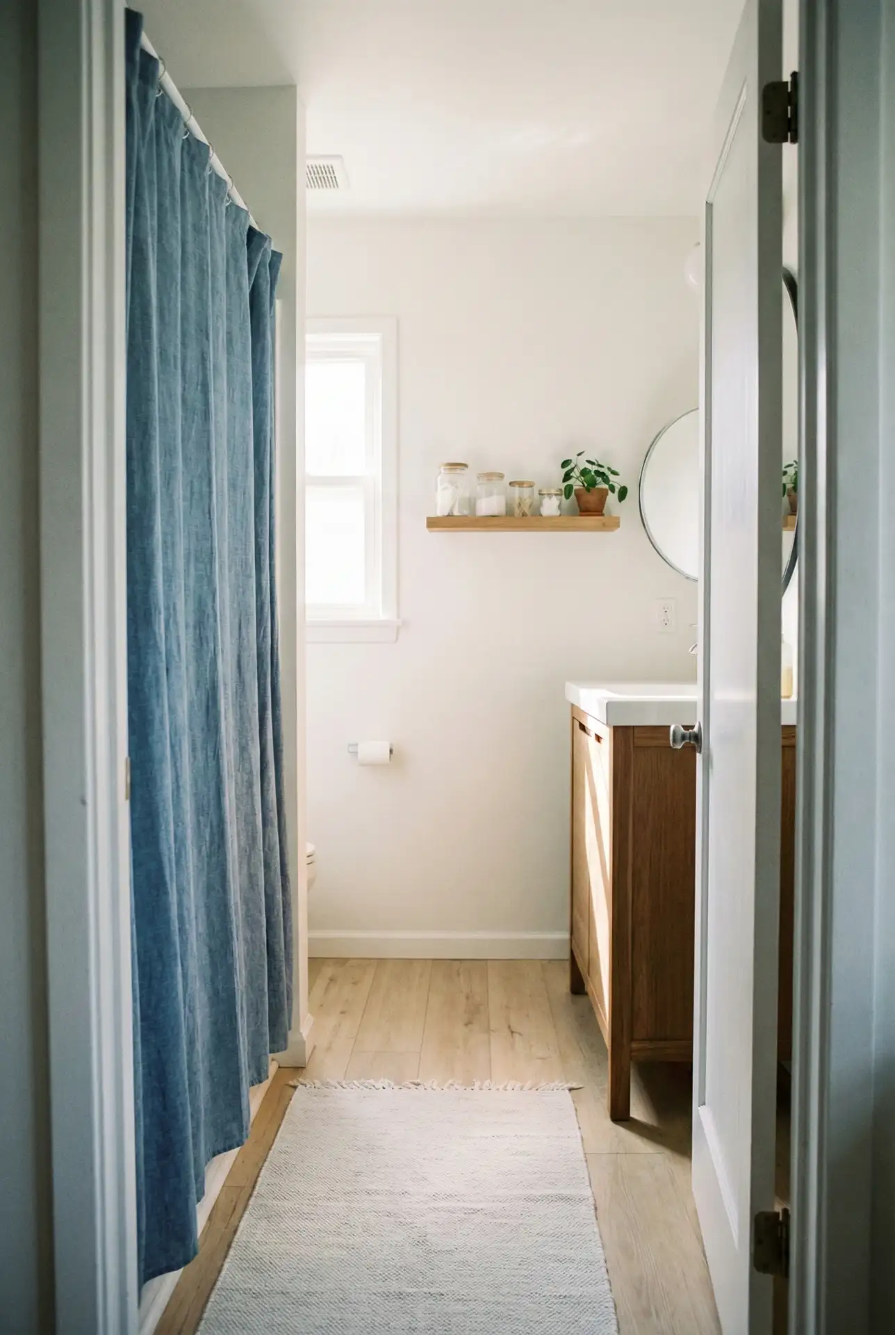 Aesthetic Blue Shower Curtain With Tiny Space-Saving Shelves 2