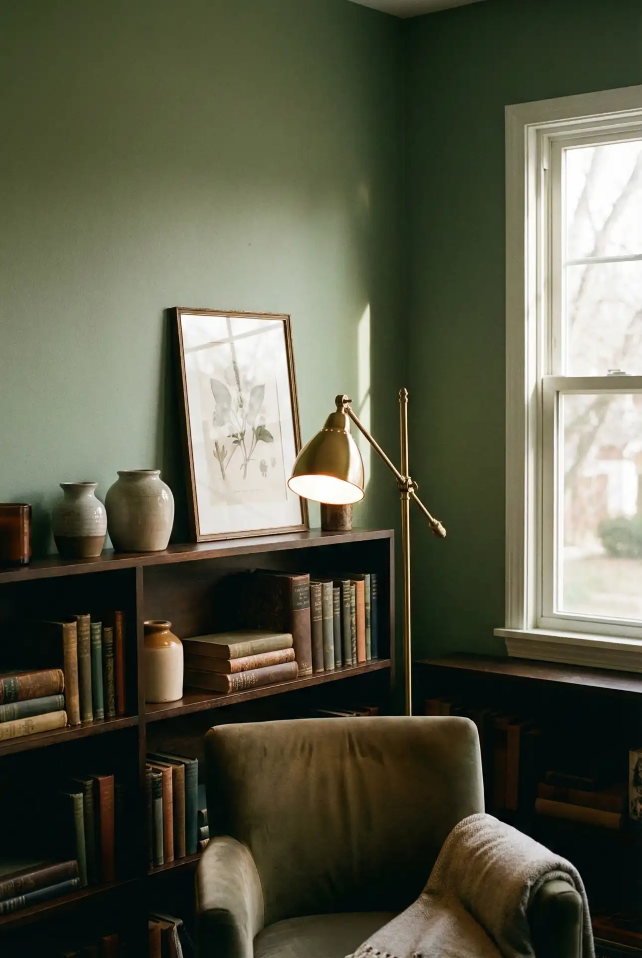 Aesthetic Corner Library With Green Paint And Gallery Lighting 1
