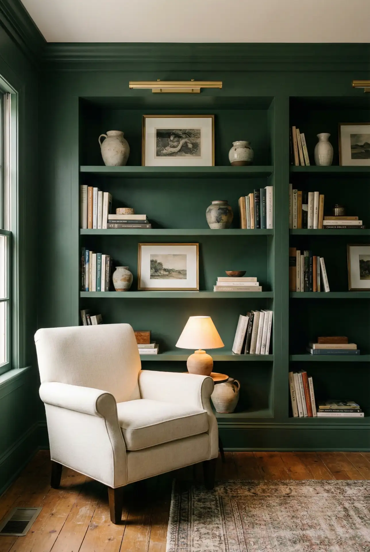 Aesthetic Corner Library With Green Paint And Gallery Lighting 2