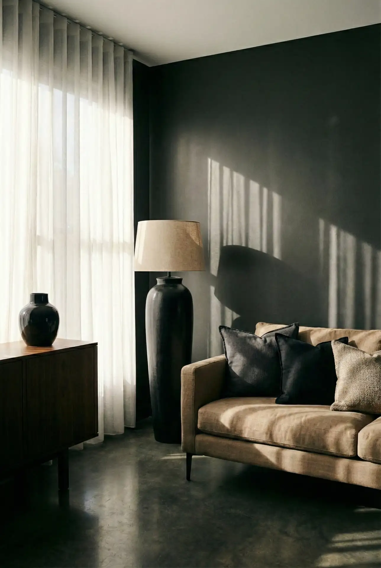 Beige Black Balance In A Contemporary Grey Space 1