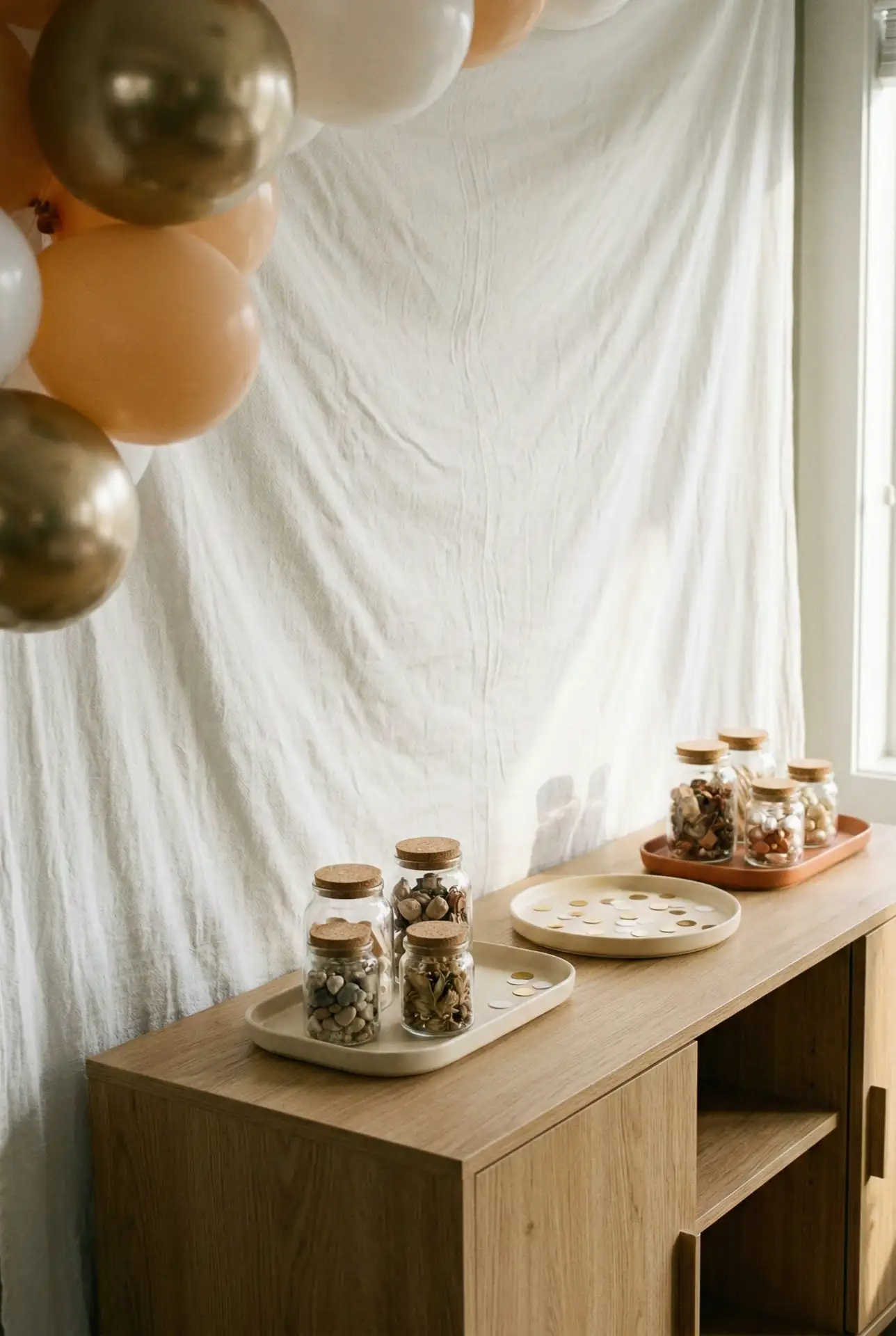 Birthday Candy Bar With White Backdrop And Balloons 1