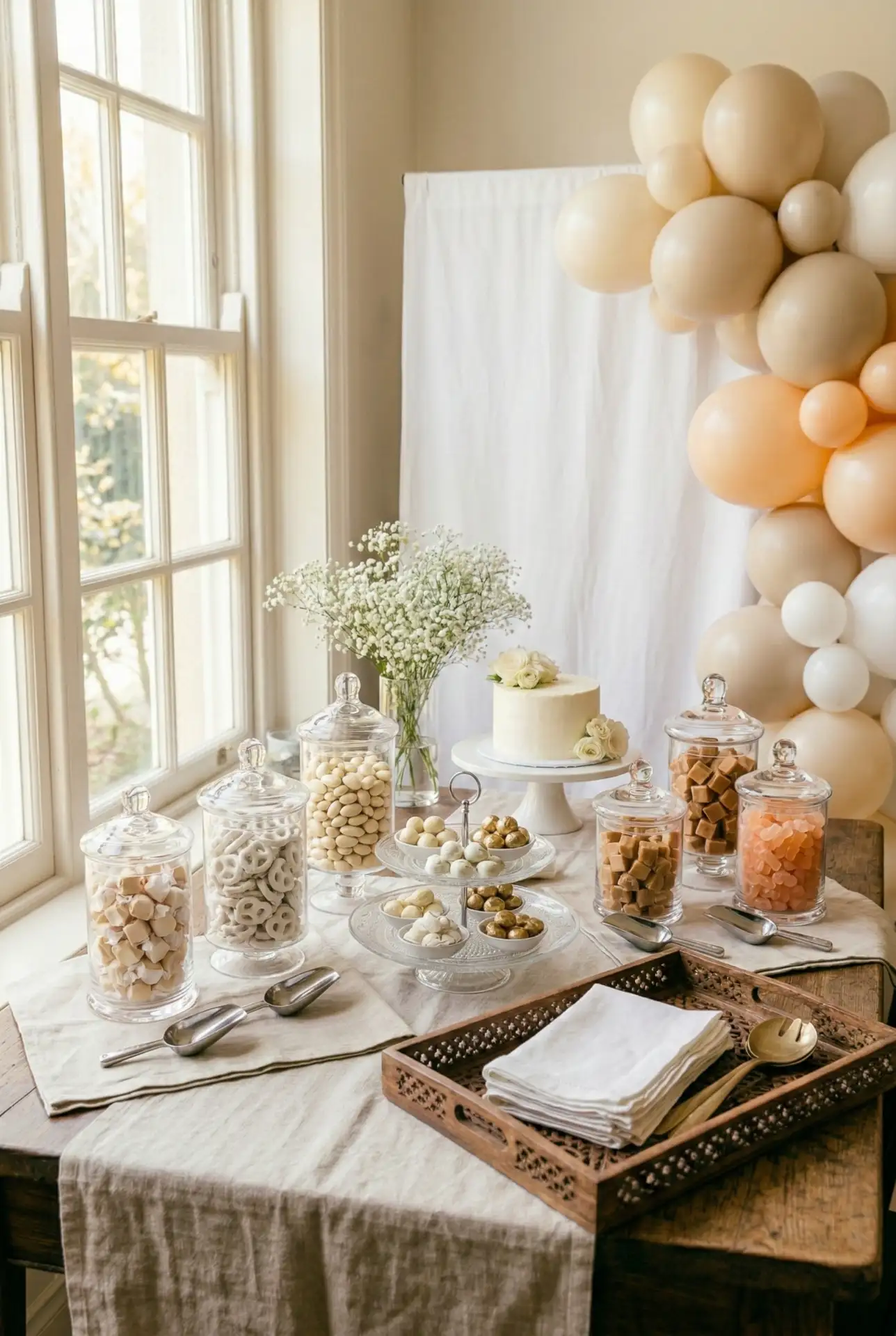 Birthday Candy Bar With White Backdrop And Balloons 2
