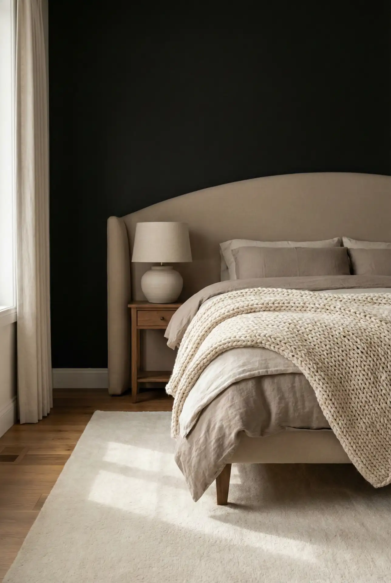 Black Accent Wall With A Soft Upholstered Headboard 2