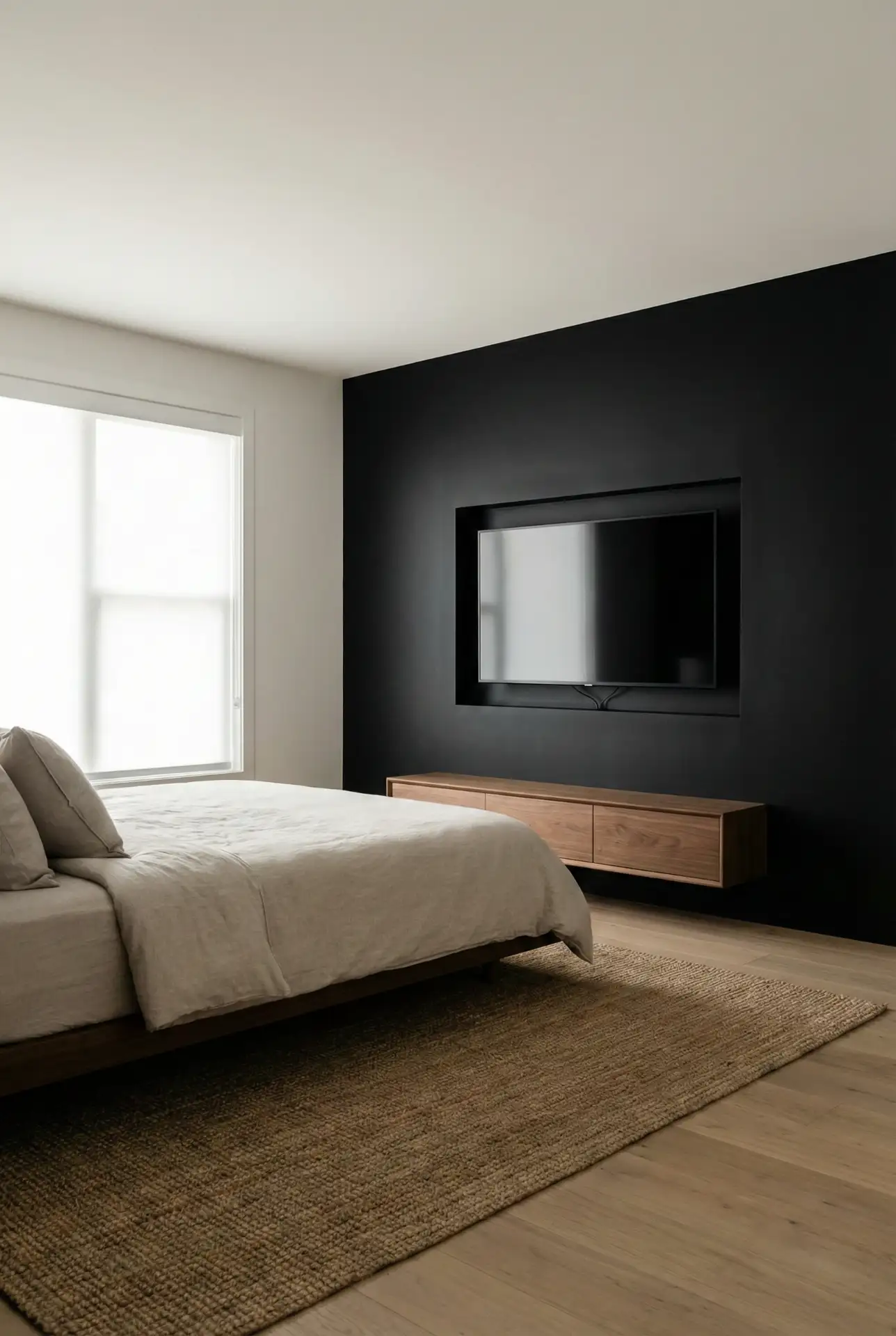 Black Accent Wall With A TV Niche And Minimal Storage 1