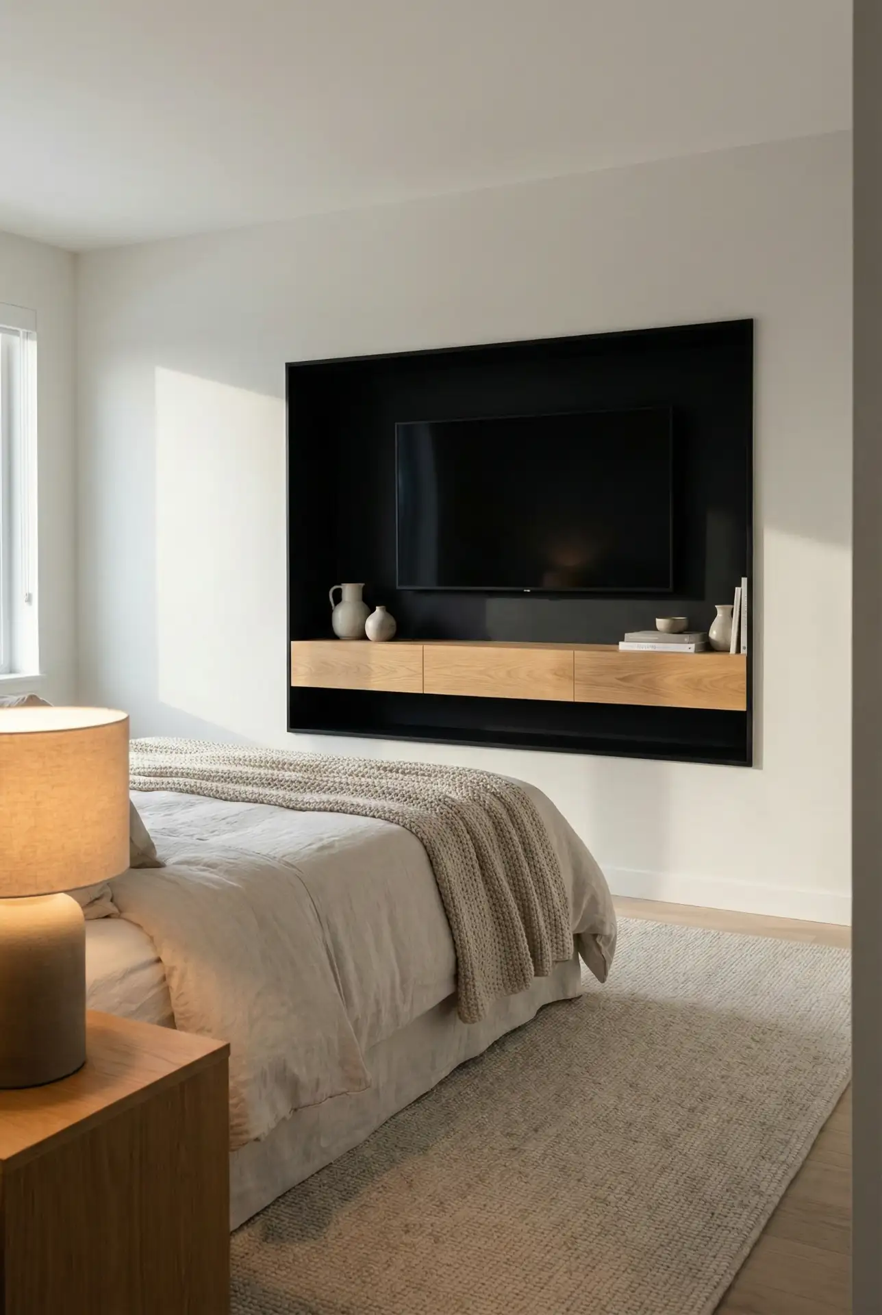 Black Accent Wall With A TV Niche And Minimal Storage 2