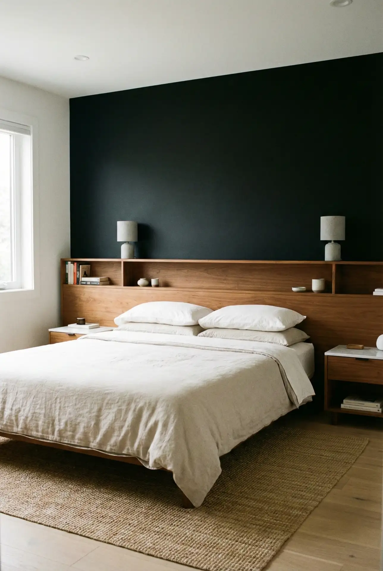 Black Accent Wall With A Wood Headboard And Hidden Storage 1