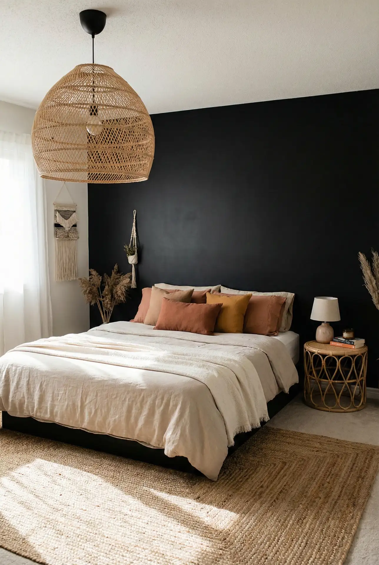 Black Accent Wall With Boho Texture And Earthy Layers 1
