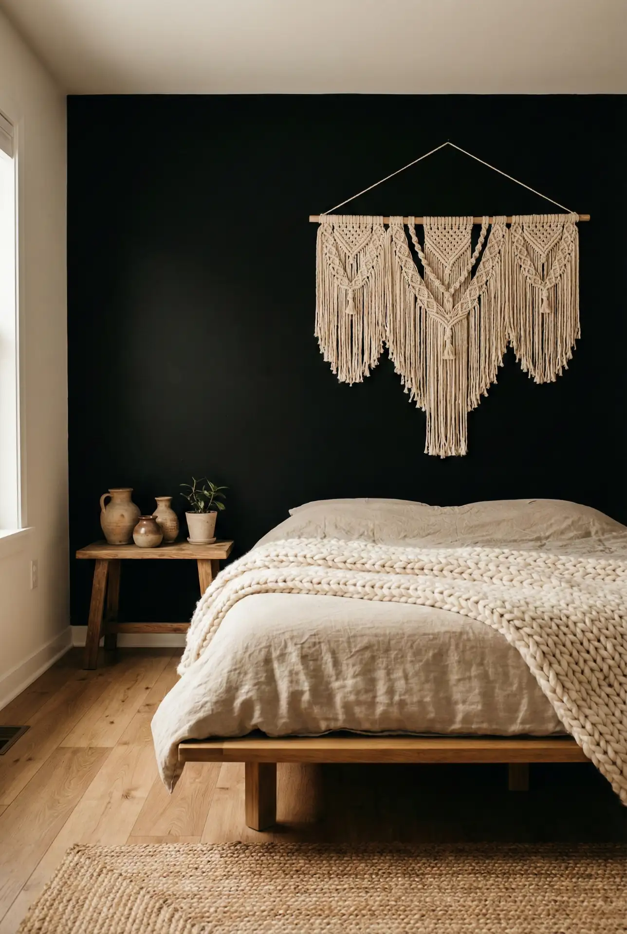 Black Accent Wall With Boho Texture And Earthy Layers 2