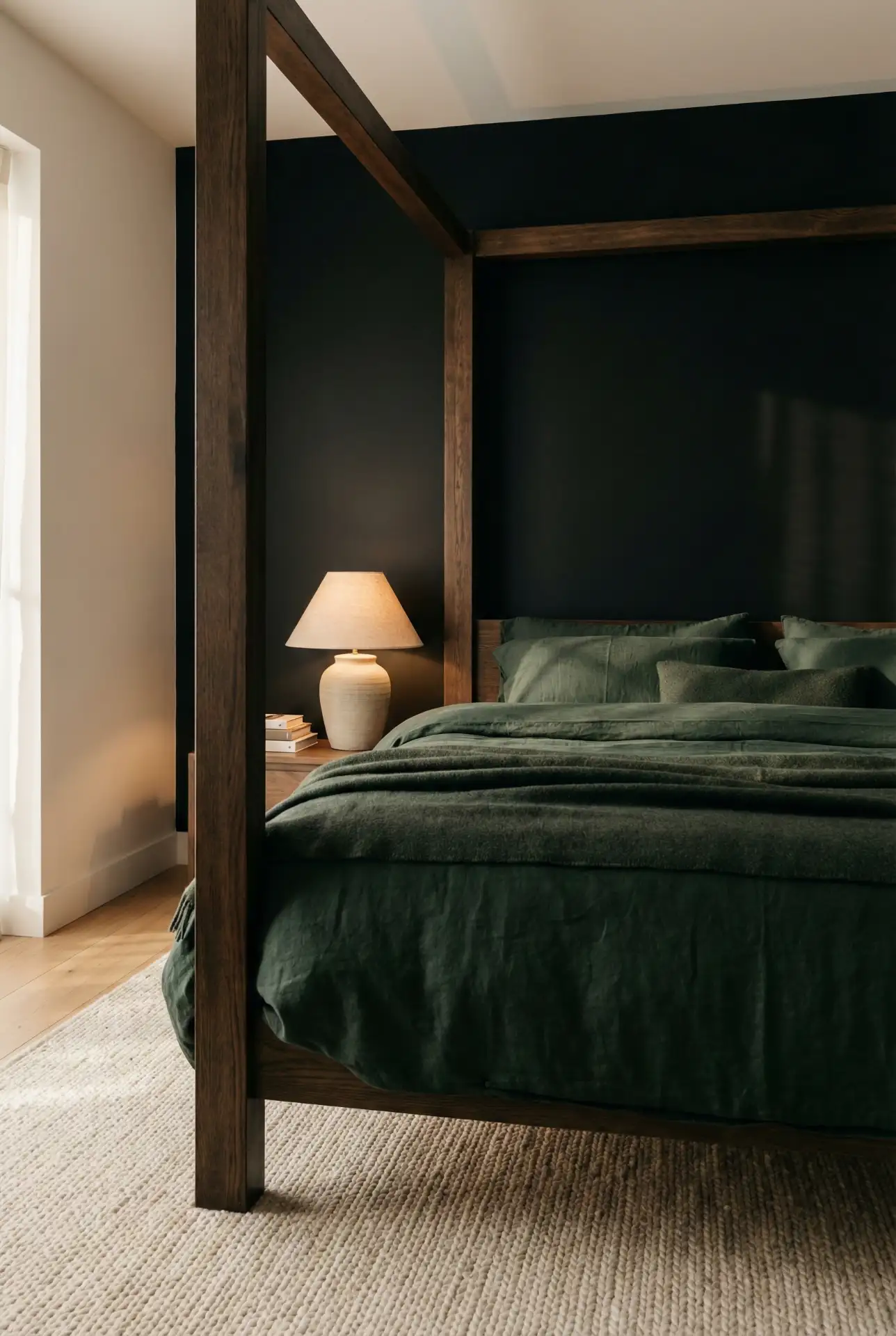 Black Accent Wall With Green Bedding And A Canopy Bed 2