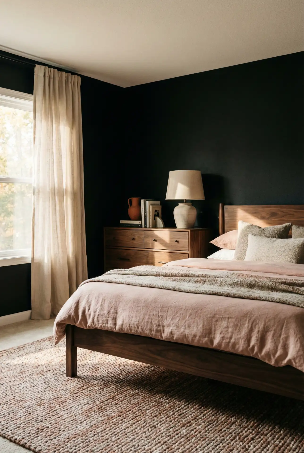 Black Accent Wall With Pink Accents And Dark Brown Furniture 1