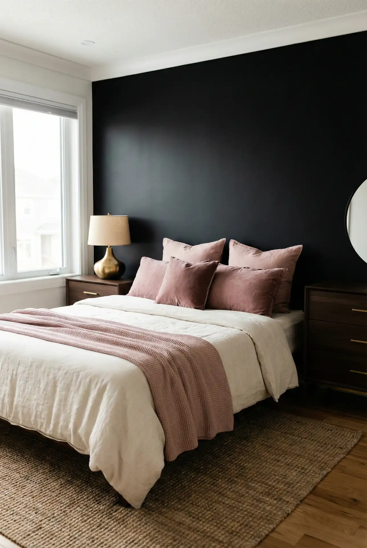Black Accent Wall With Pink Accents And Dark Brown Furniture 2