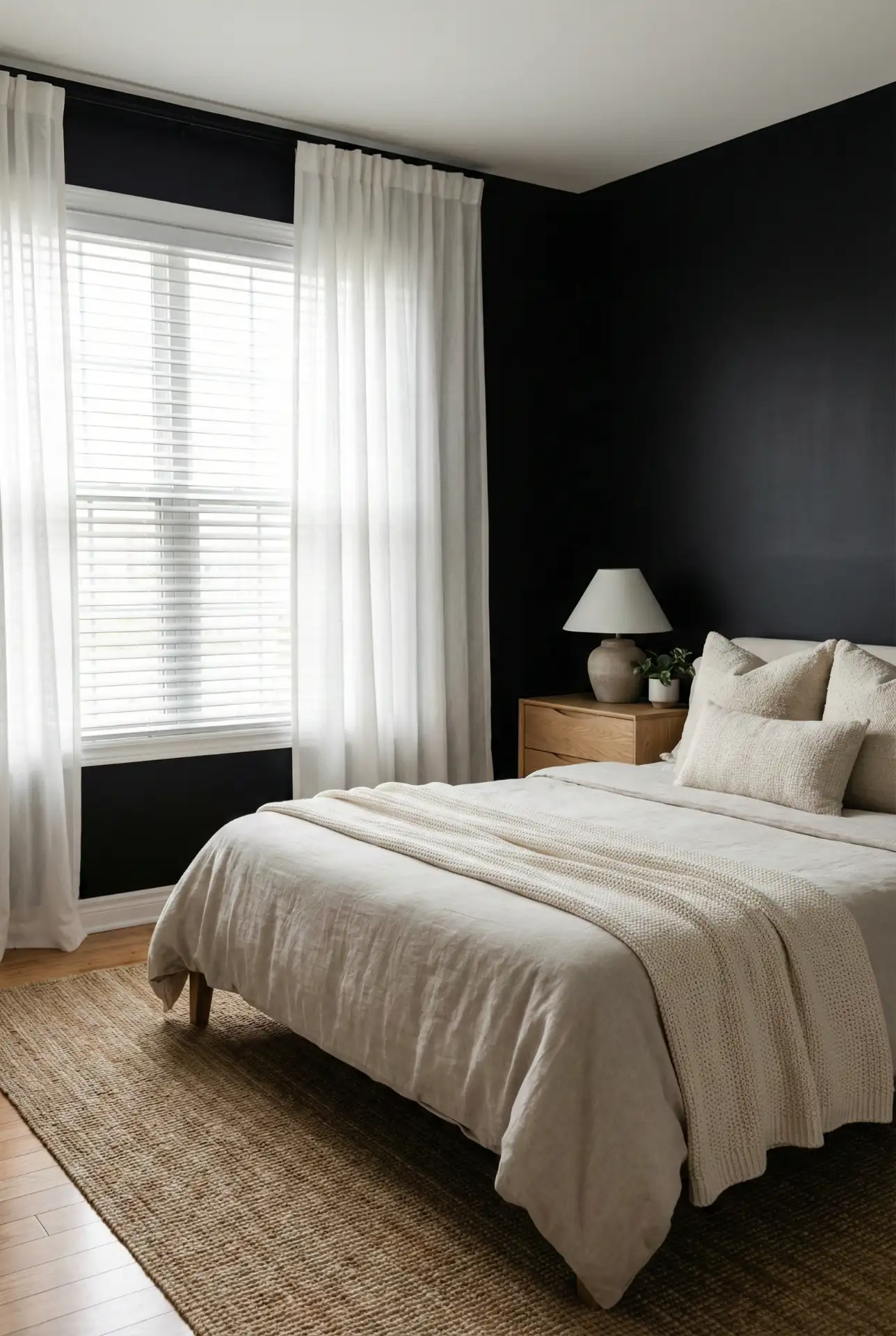 Black Accent Wall With Soft Curtains Layered Over Blinds 1