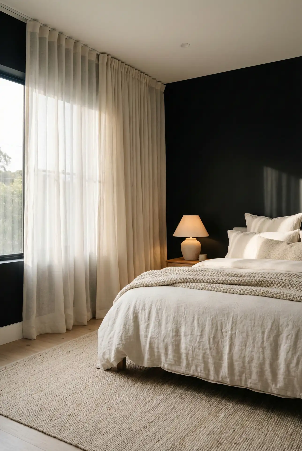Black Accent Wall With-Soft-Curtains-Layered-Over-Blinds 2