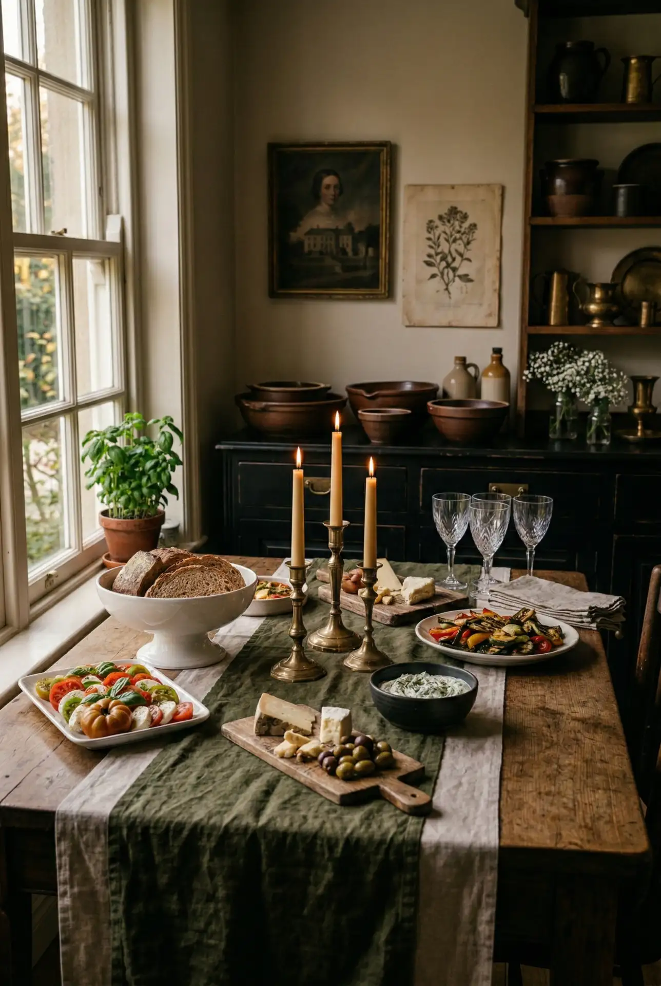 Black Antique Credenza With Brown Stoneware 1