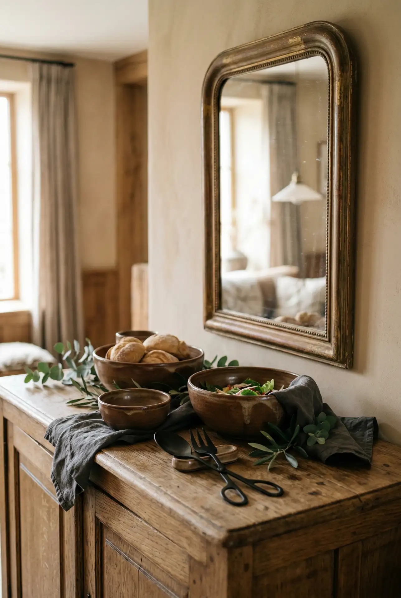 Black Antique Credenza With Brown Stoneware 2