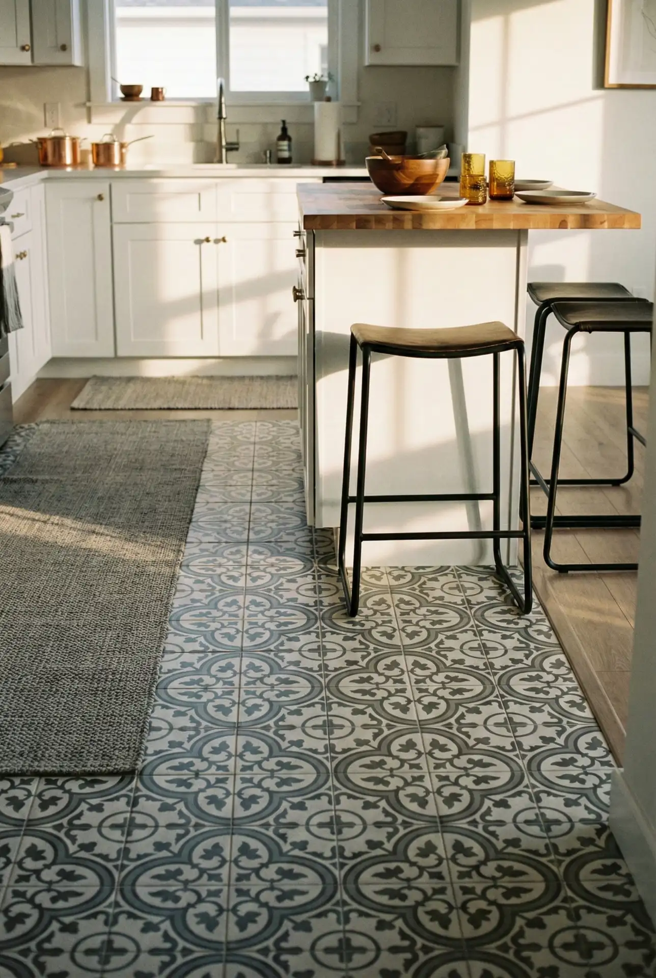 Black Backsplash With White Cabinets And Warm Wood Accent 1