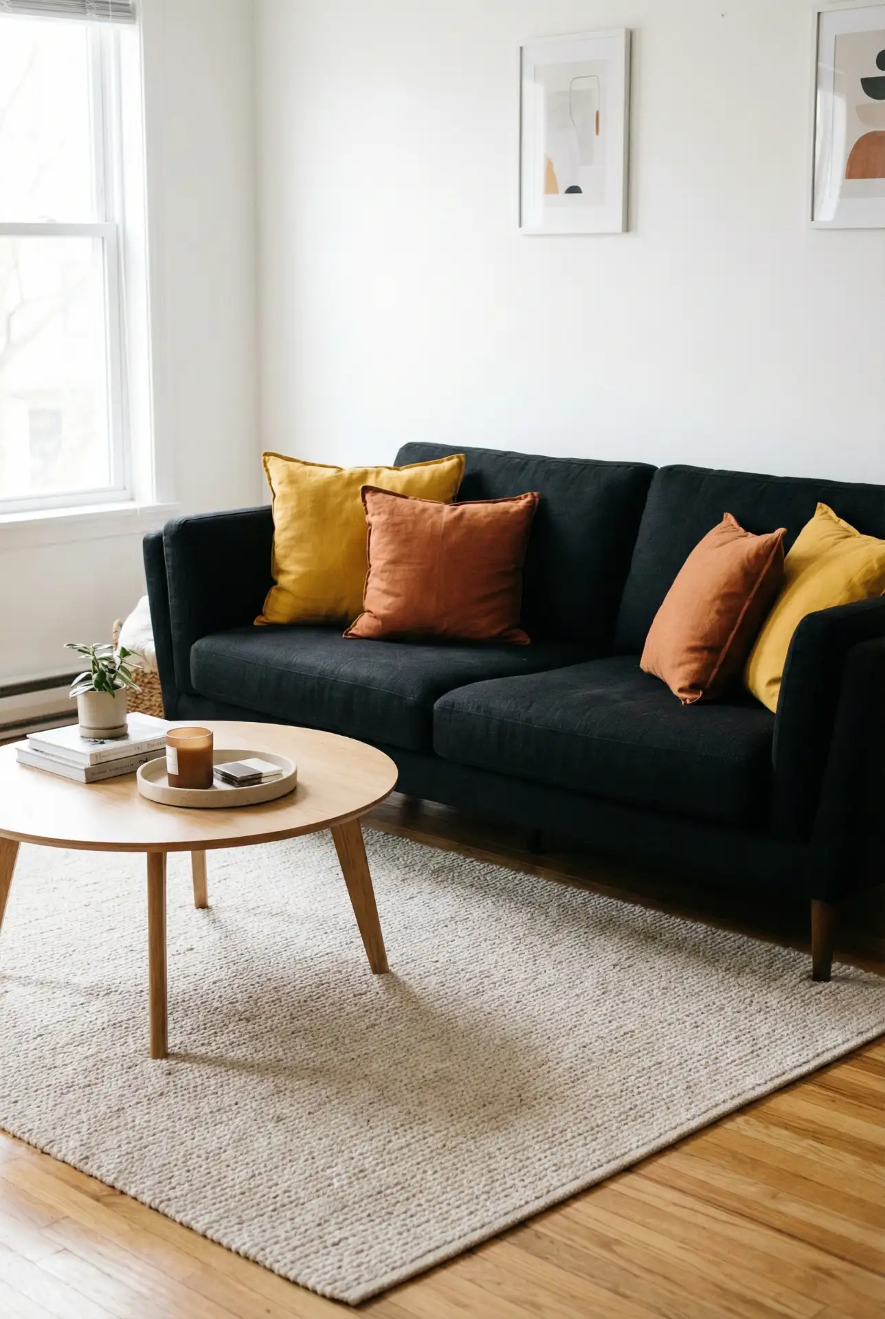 Black Couch Living Room With Color-Pop Layers 1