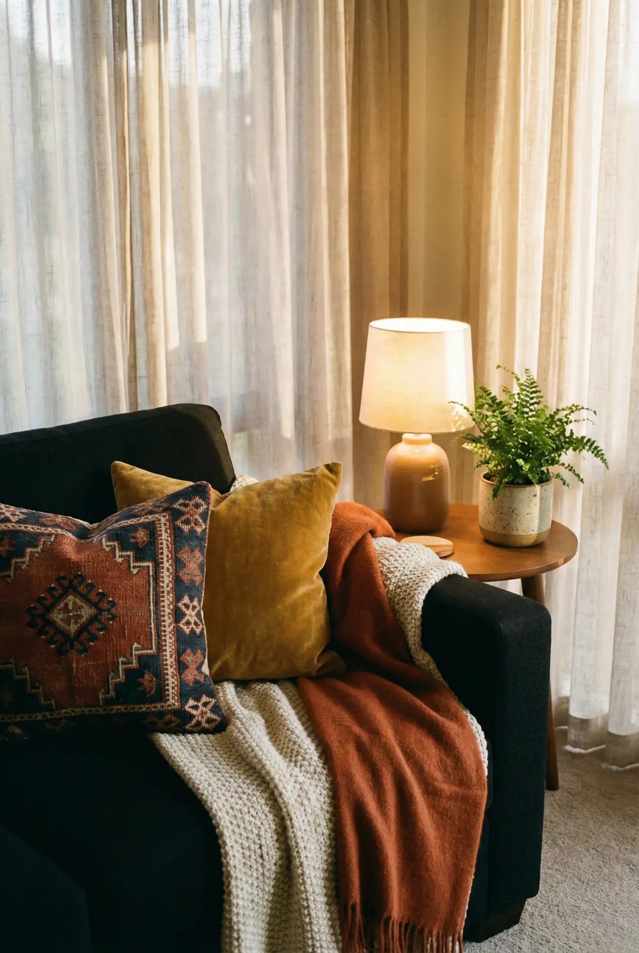 Black Couch Living Room With Color-Pop Layers 2