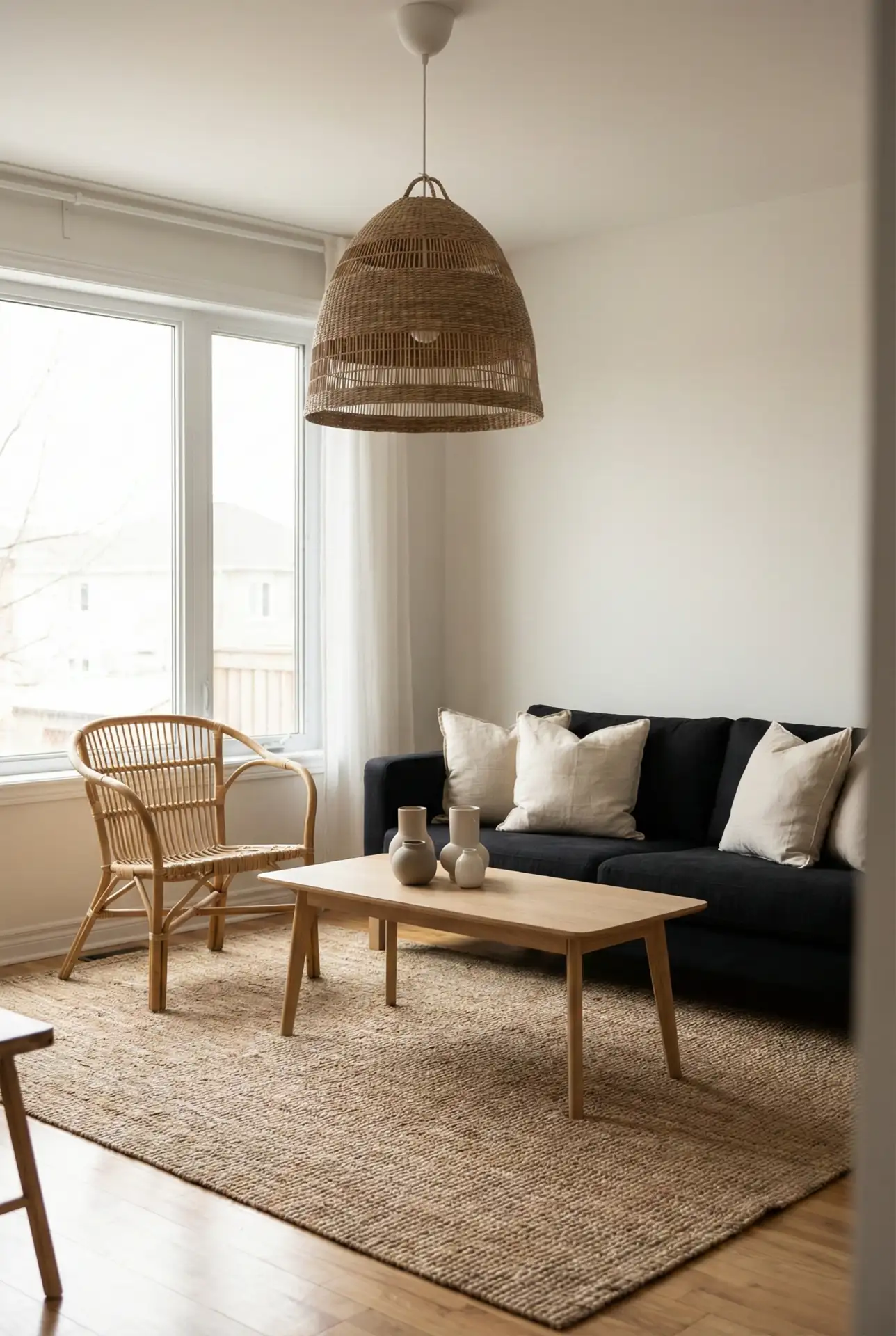 Black Couch + Natural Rattan For Soft Contrast 1