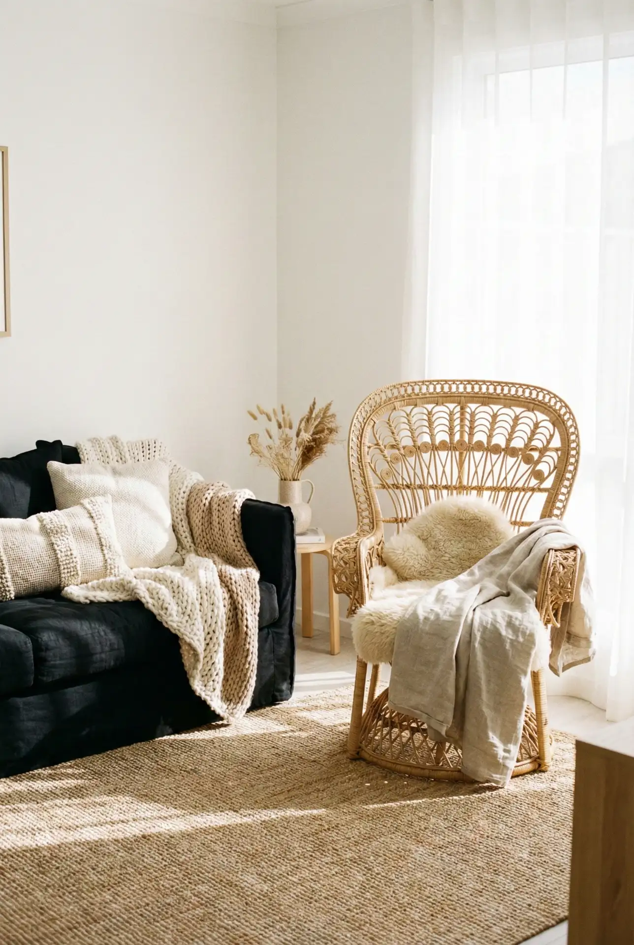 Black Couch + Natural Rattan For Soft Contrast 2