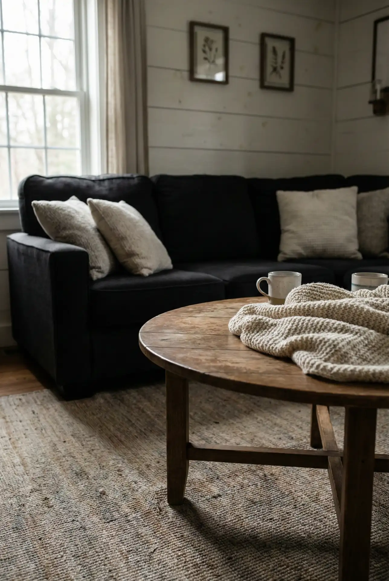 Black Couch With Rustic Farmhouse Texture Mix 2