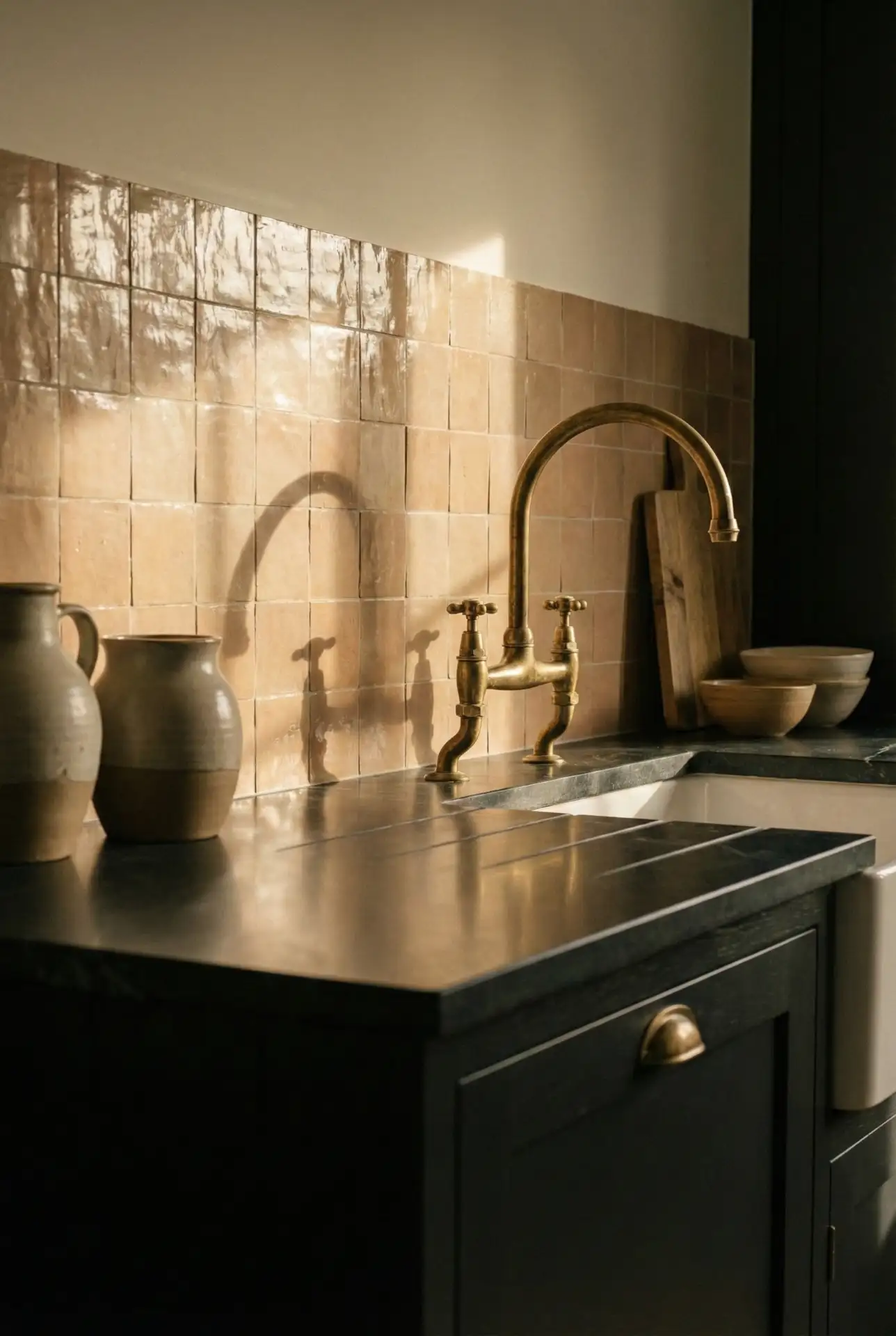 Black Counter Top With Warm Painted Cabinets In Clay Tone 1