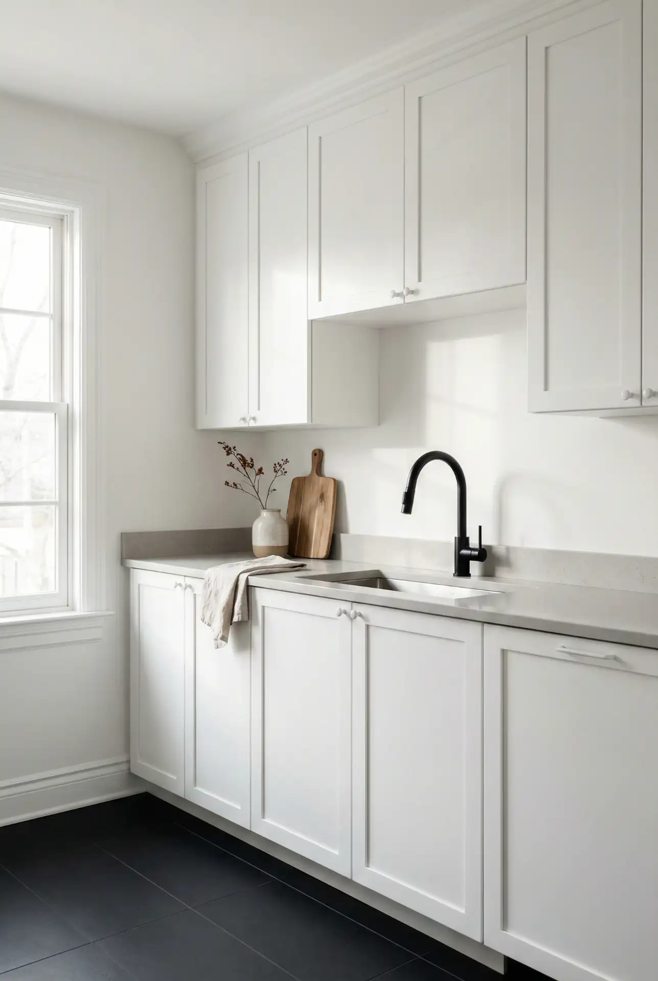 Black Island With White Waterfall Countertops 1