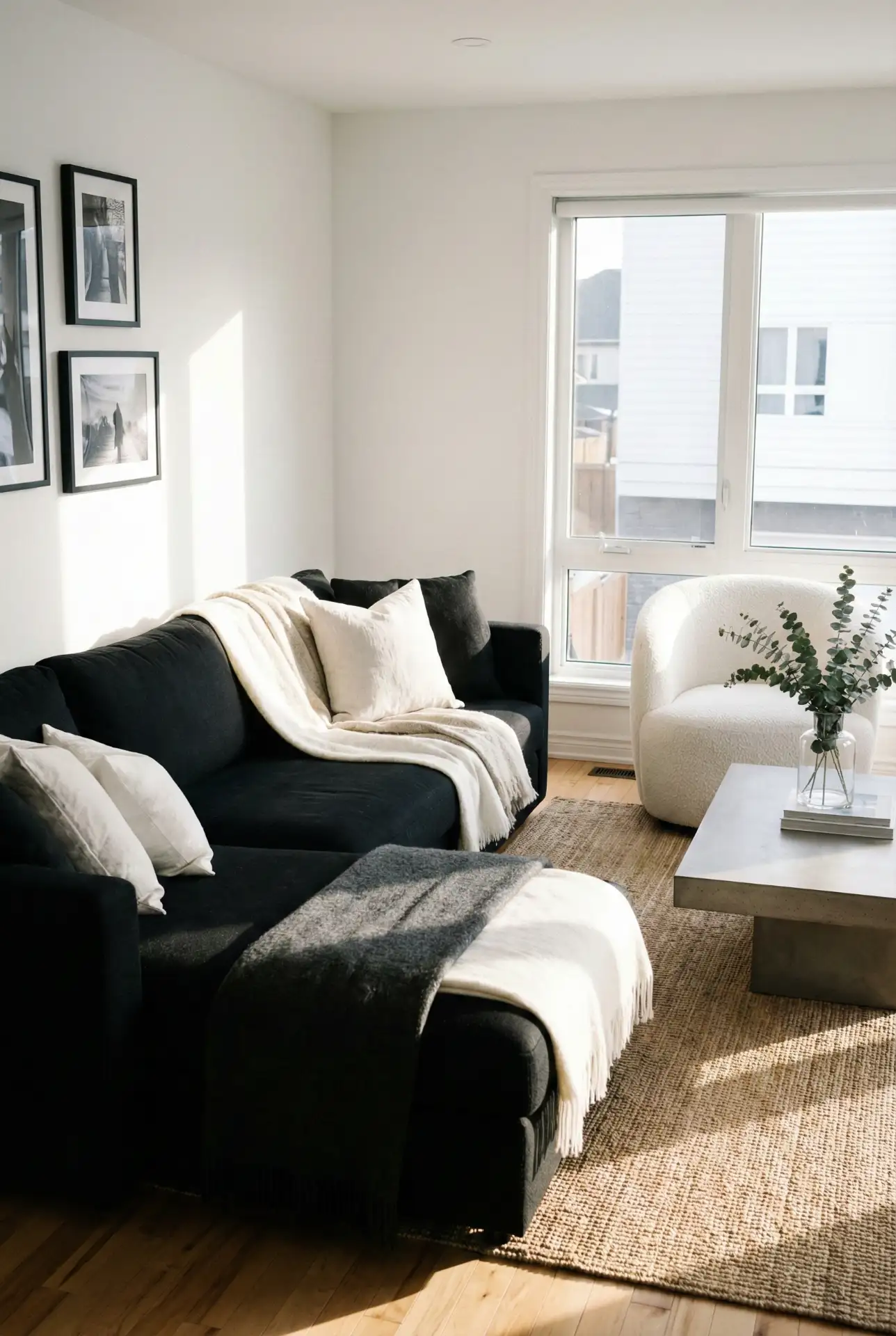 Black Sectional With Crisp White Accents 1