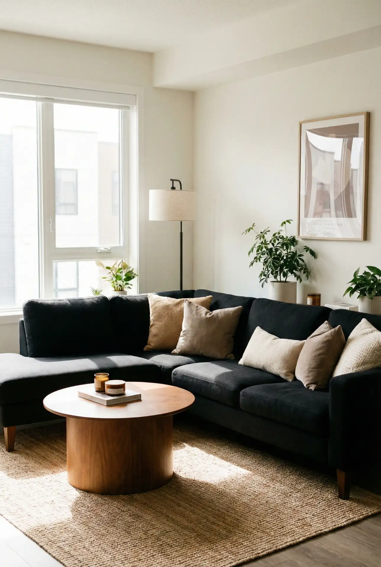 Black Sectional With Tan And Taupe Softening Layers 2