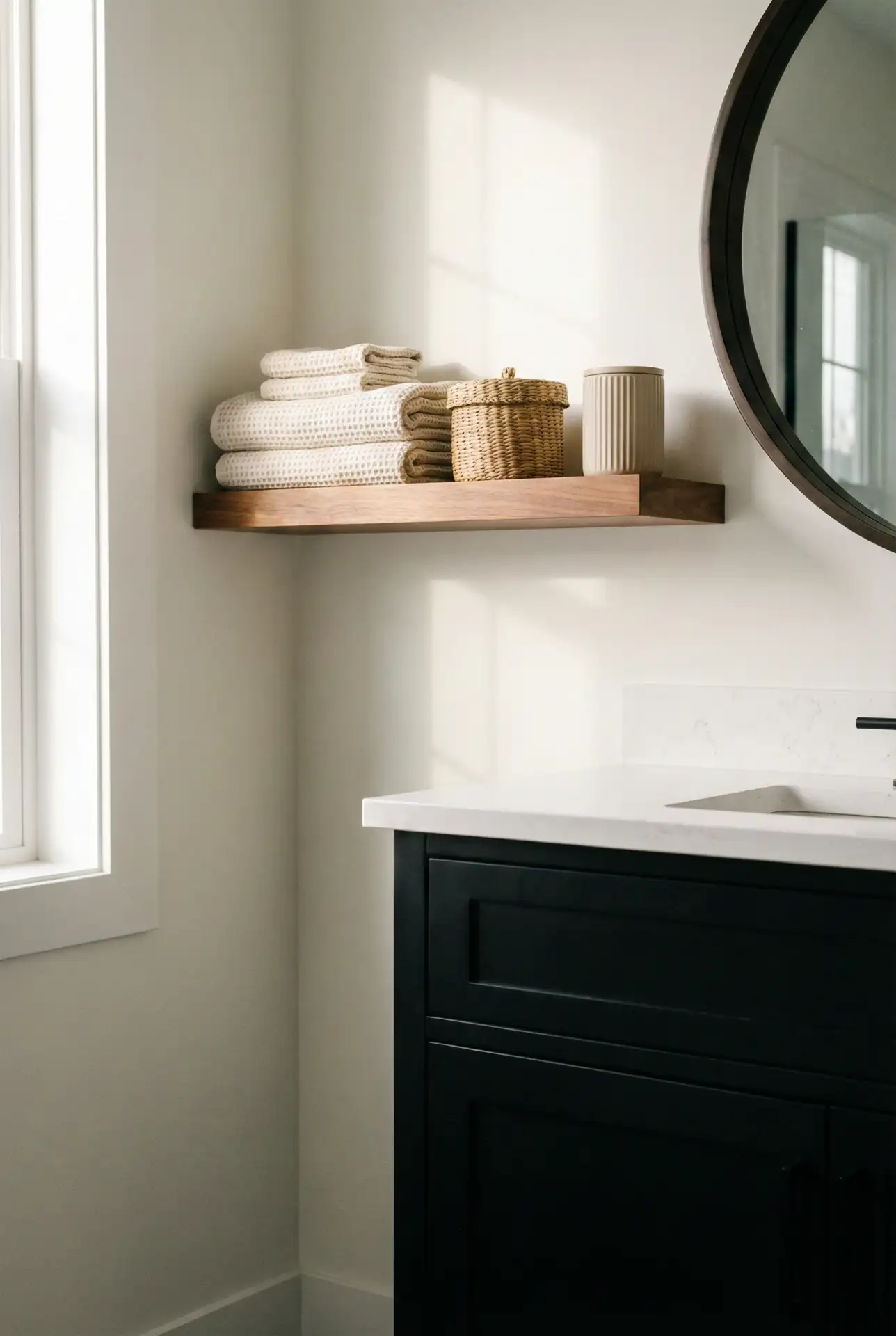 Black Vanity With Warm Wood And Cute Counter Styling 1