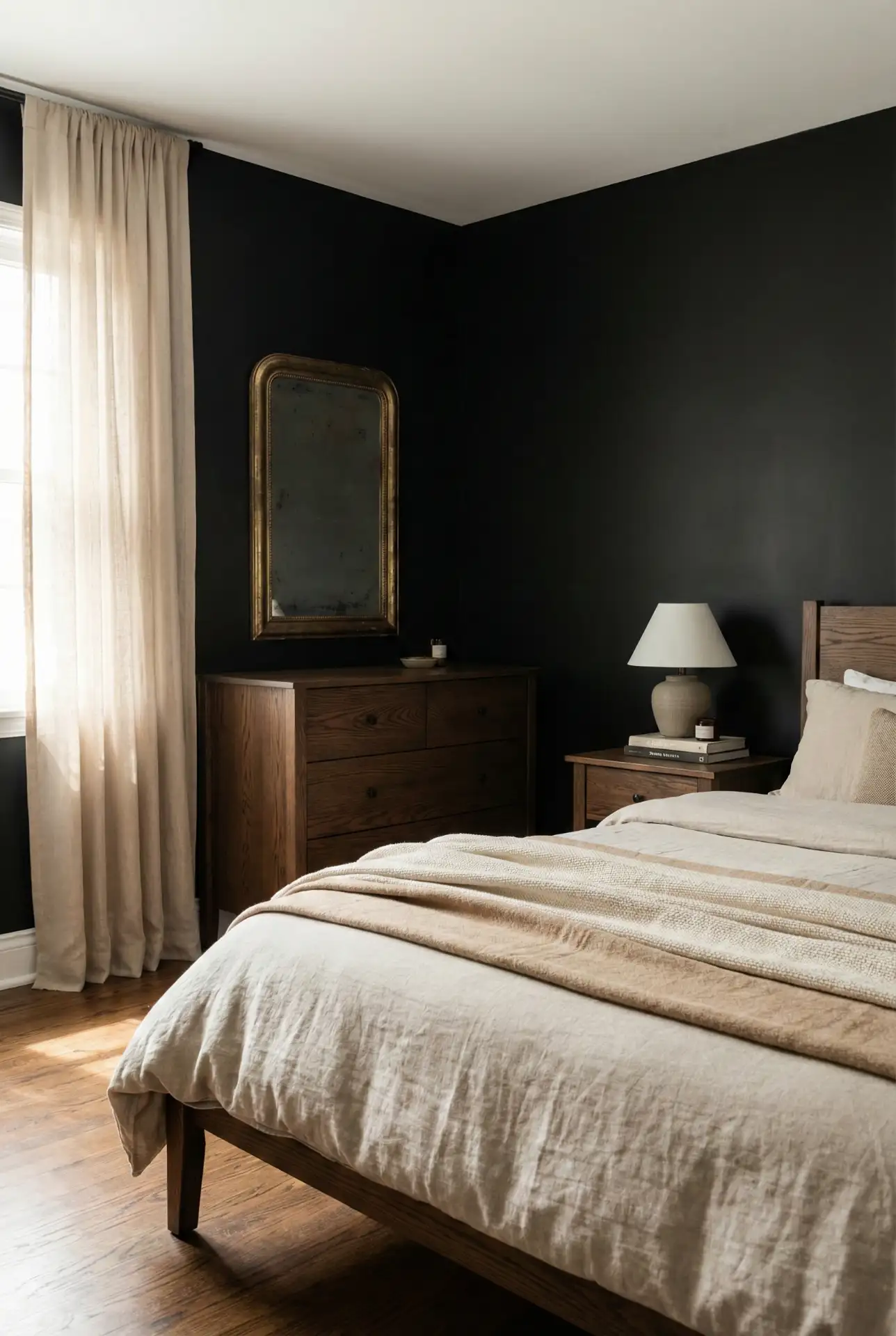 Black Wall With Dark Brown Furniture And Layered Neutrals 1