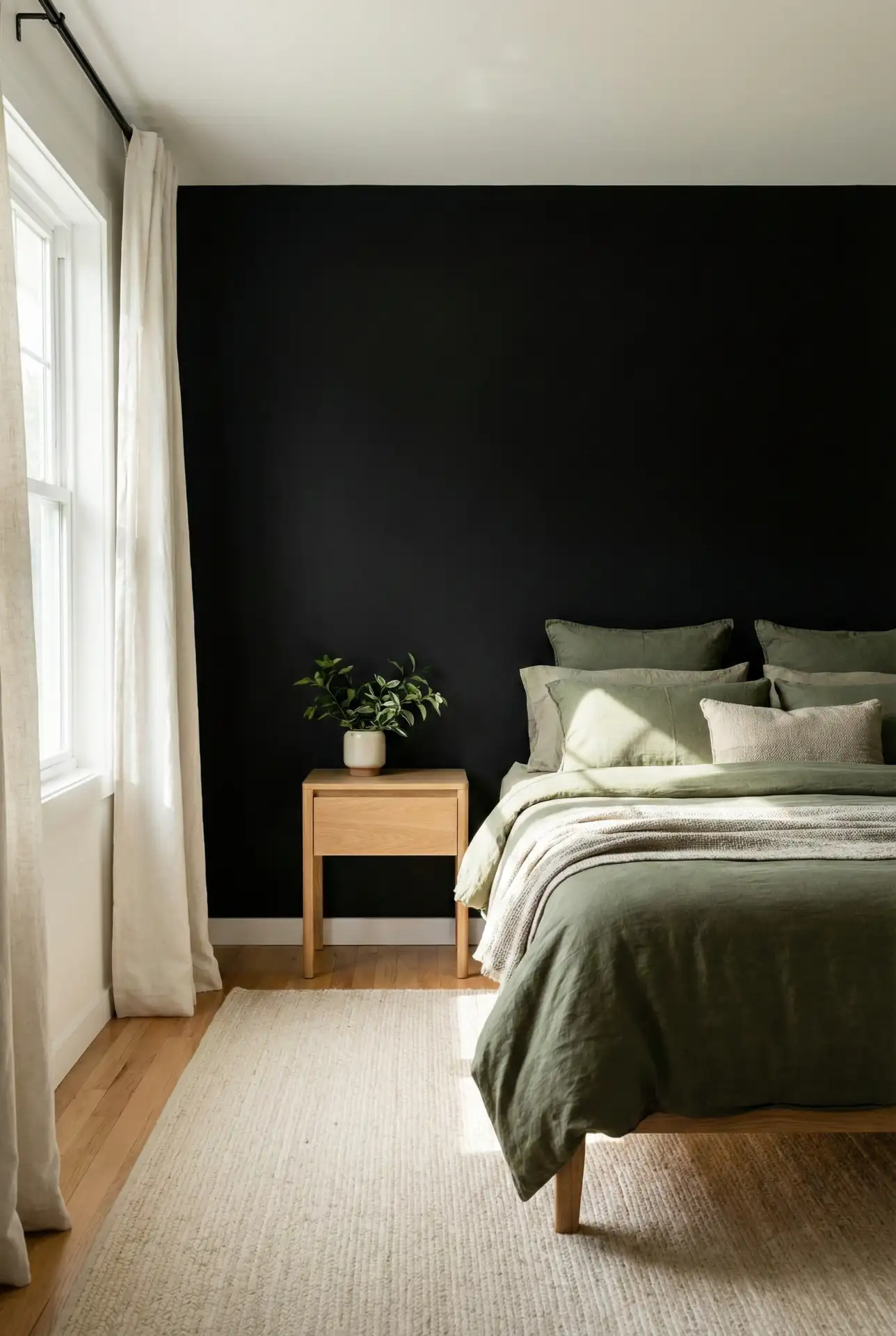 Black Wall With Green Bedding And Soft Botanical Layers 1