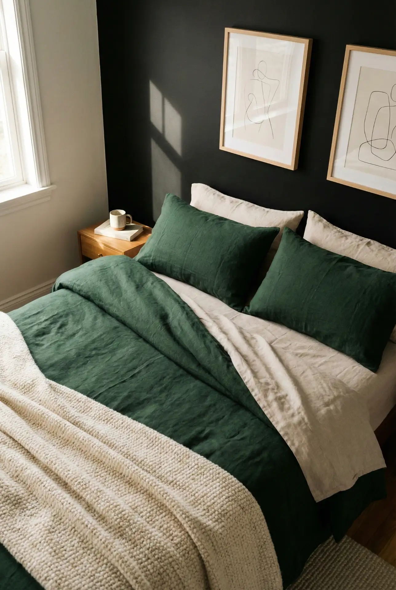 Black Wall With Green Bedding And Soft Botanical Layers 2