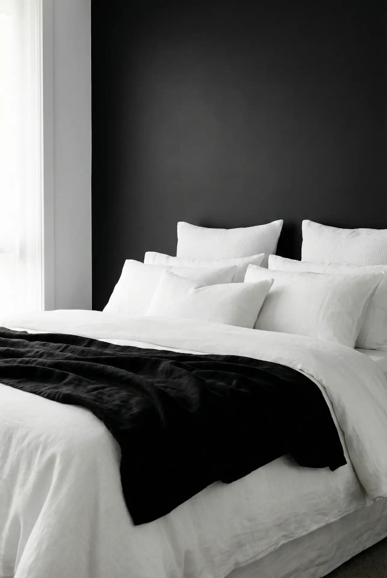 Black Wall With White-And Contrast Bedding And Crisp Lines 2