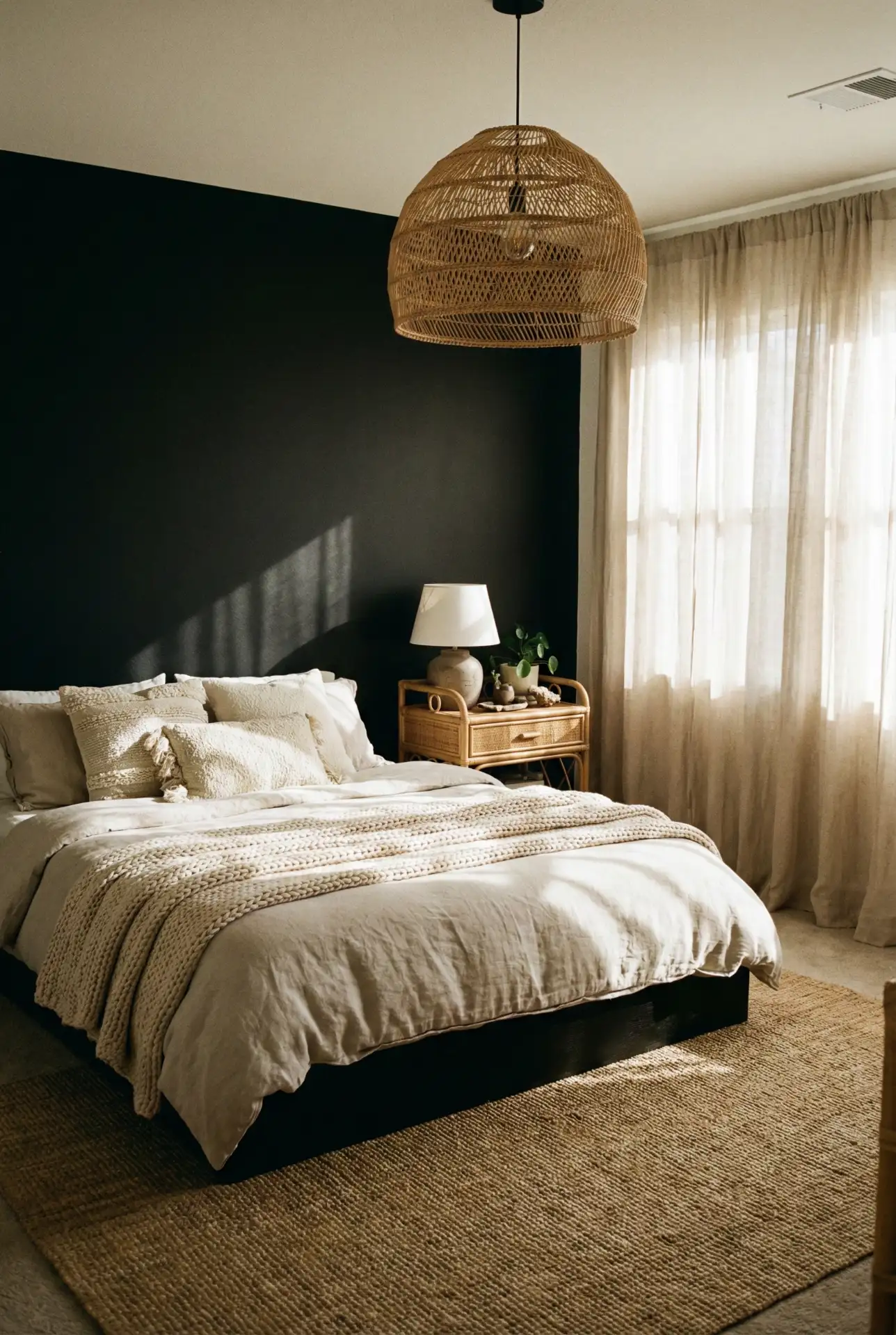 Boho Black Accent Wall With Soft Curtains And Collected Art 1