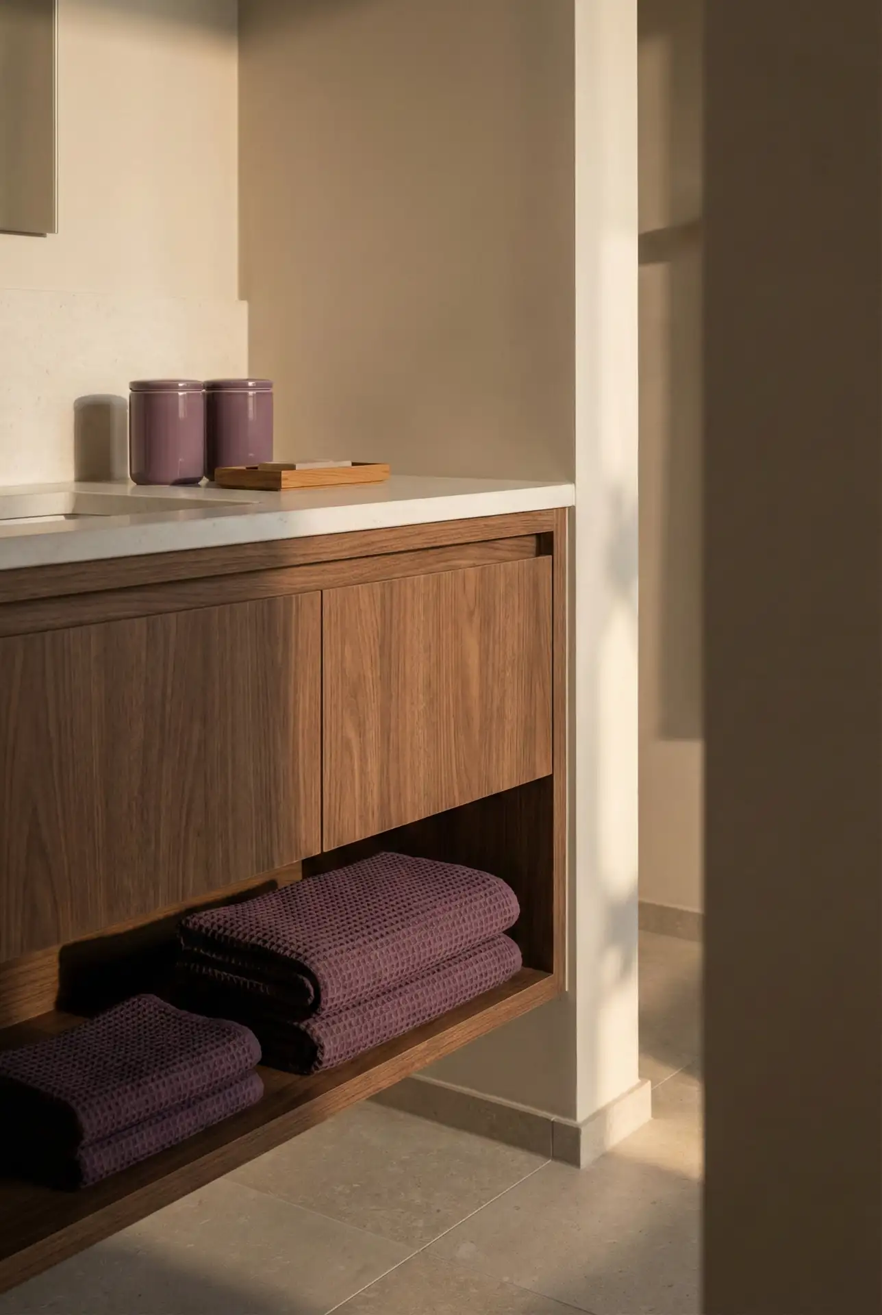 Brown Cabinets With Aesthetic Purple Accents And Soft Neutrals 1