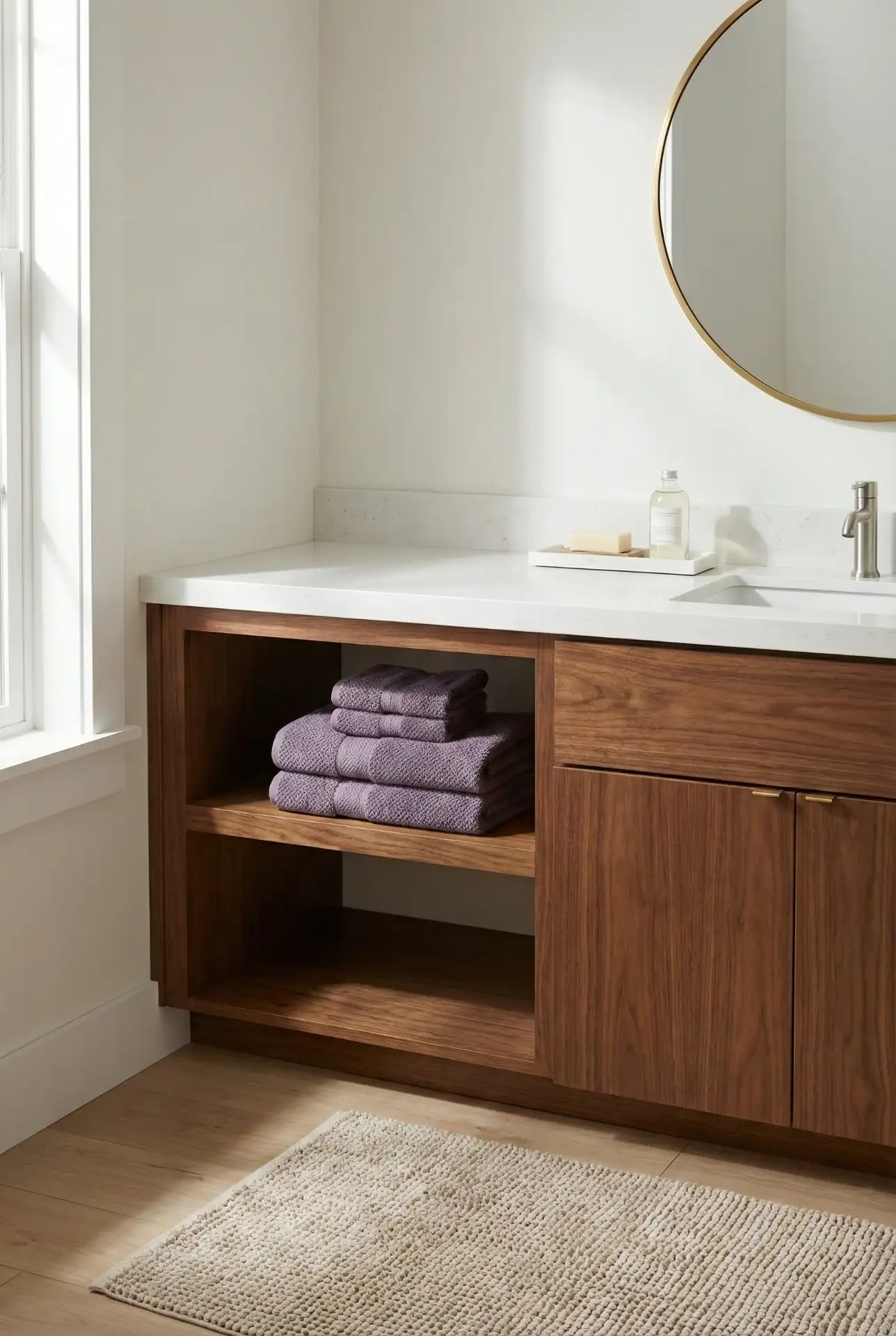 Brown Cabinets With Aesthetic Purple Accents And Soft Neutrals 2
