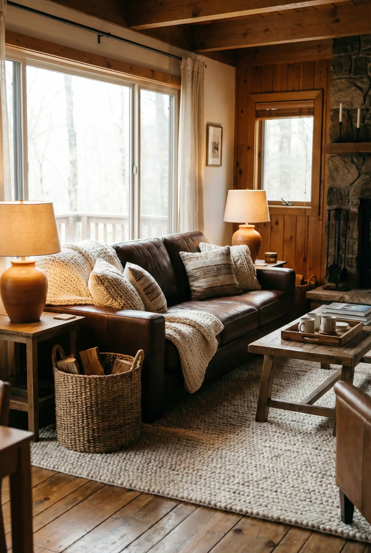 Brown Couch Cozy Cabin Energy With Soft Layers And Warm Light 1