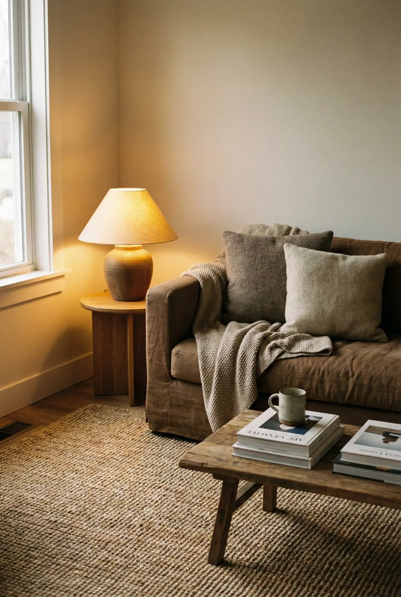 Brown Couch Cozy Cabin Energy With Soft Layers And Warm Light 2