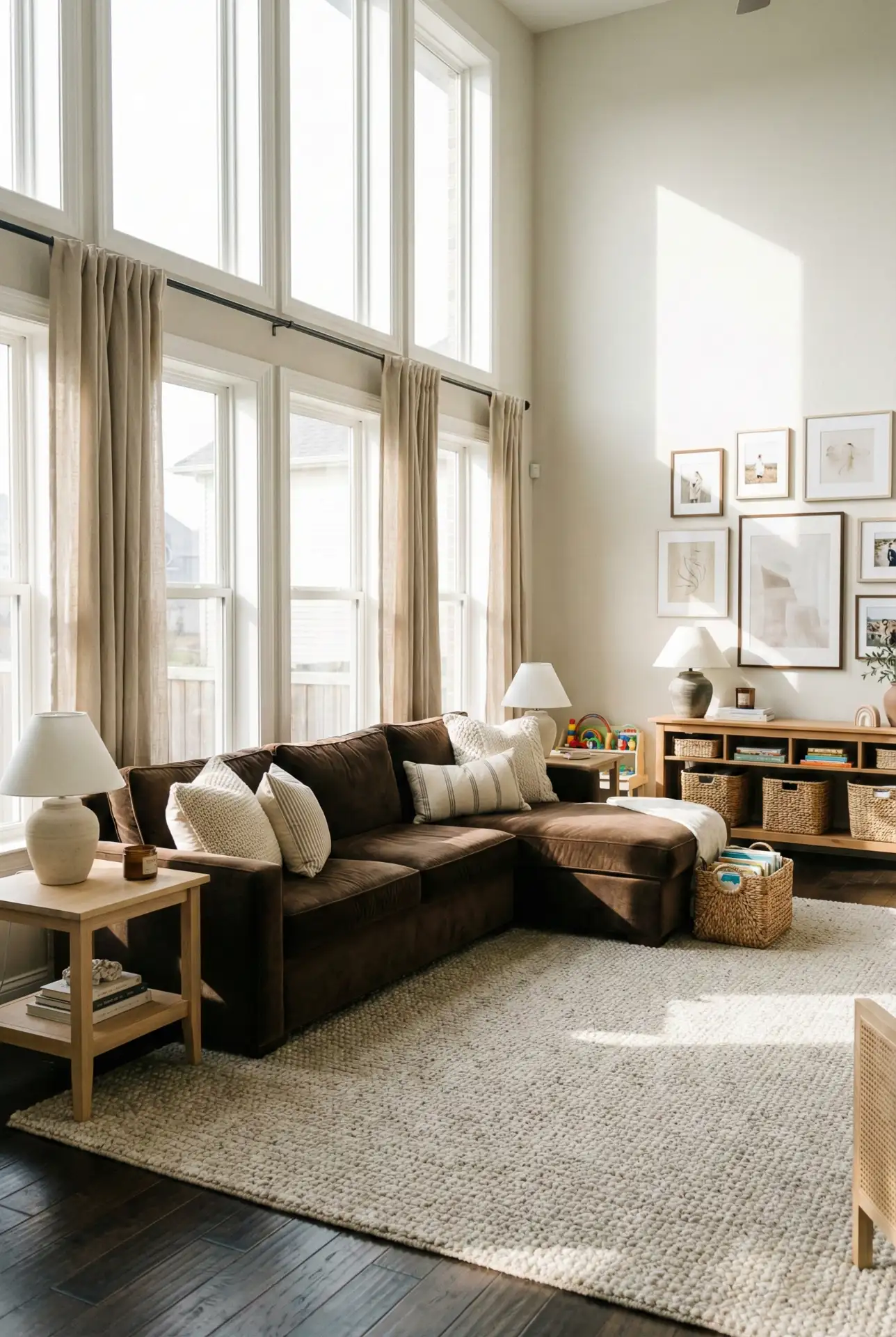Brown Couch With Airy Beige Accents For A Big Family Room 1