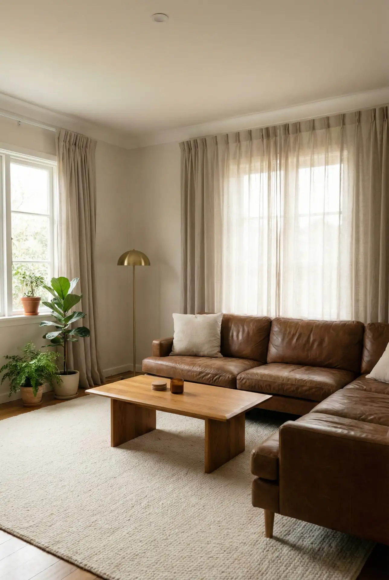 Brown Leather Sectional With Warm Wood And Brass 2