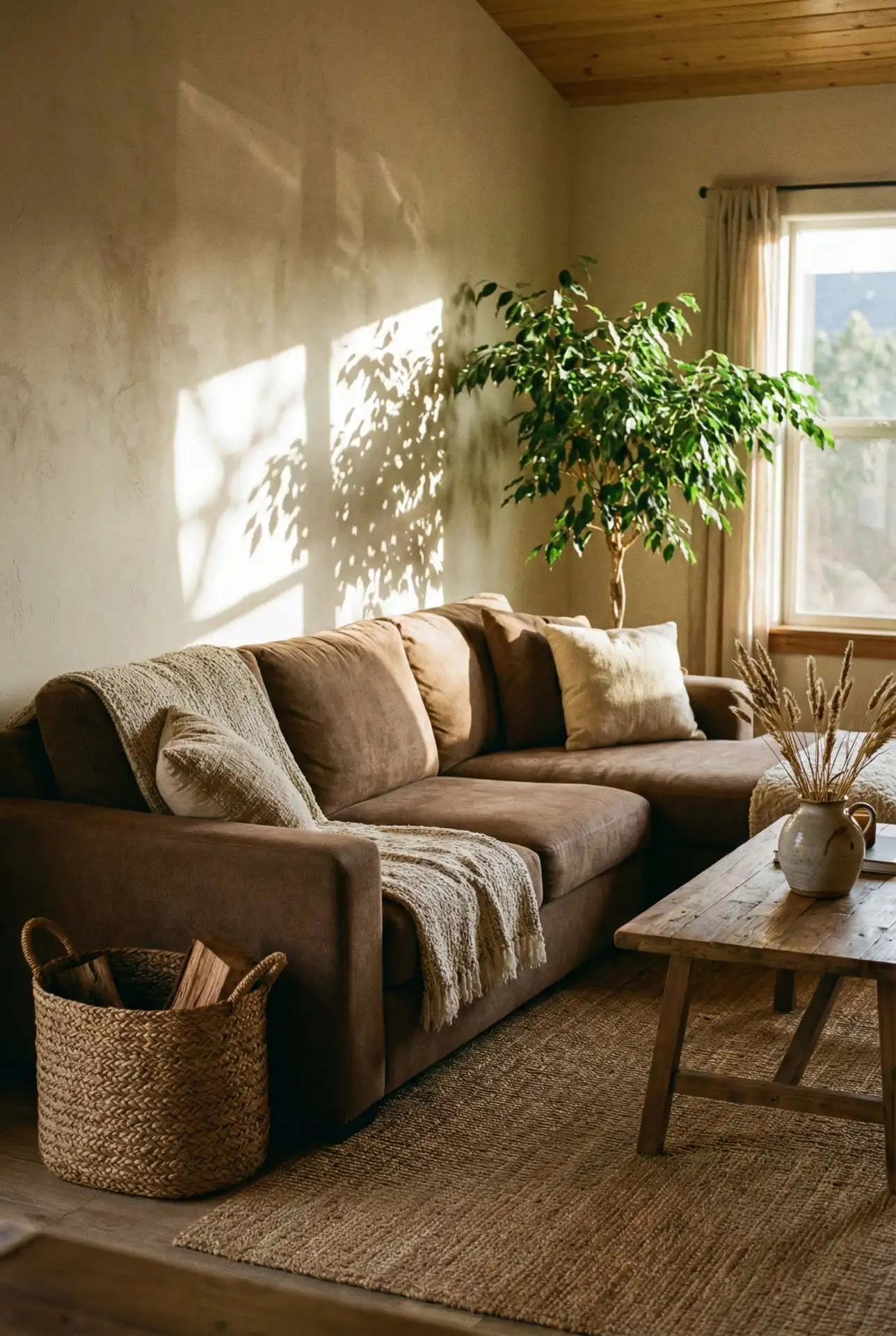 Brown Sectional With Green Plants And Natural Light 1