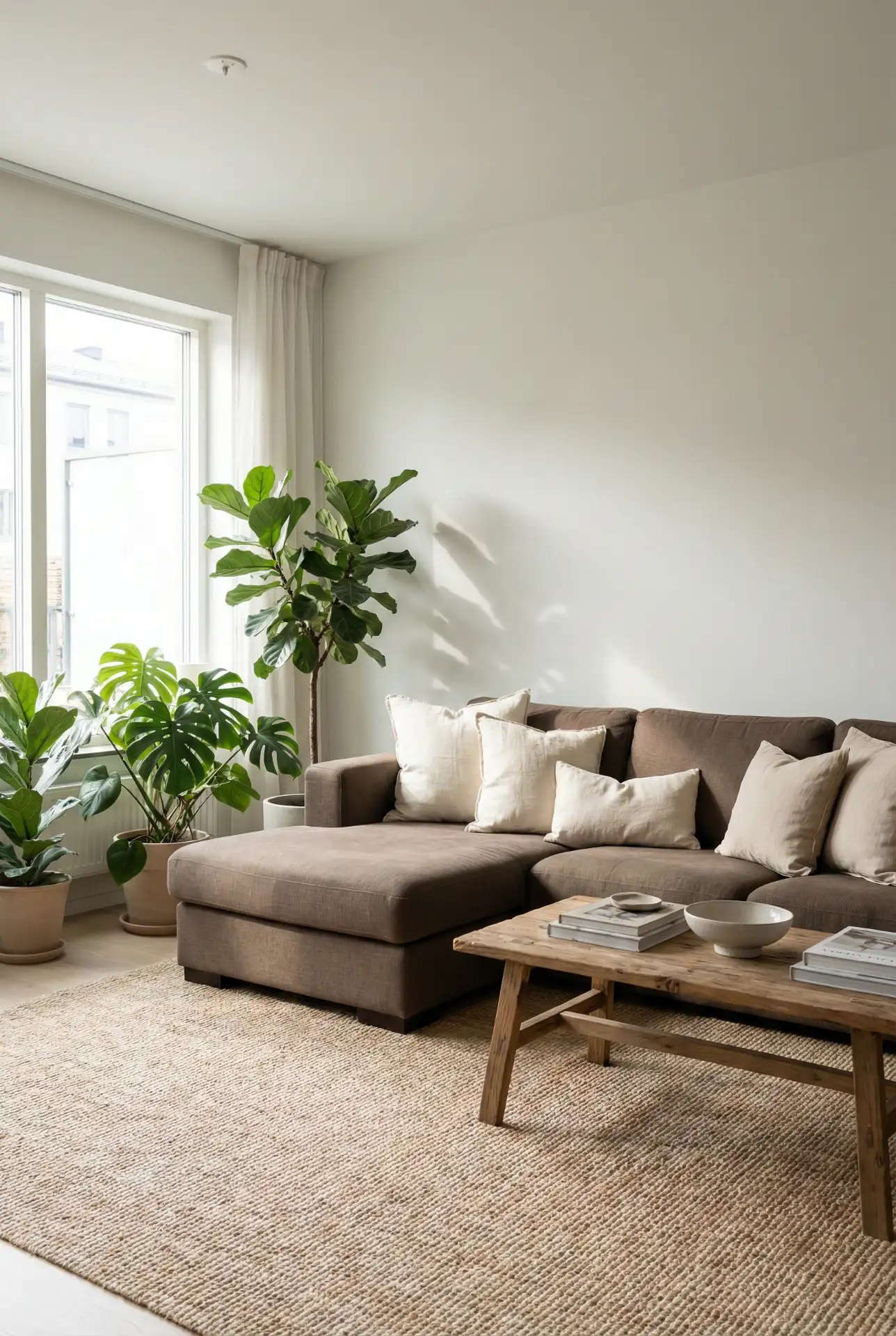 Brown Sectional With Green Plants And Natural Light 2